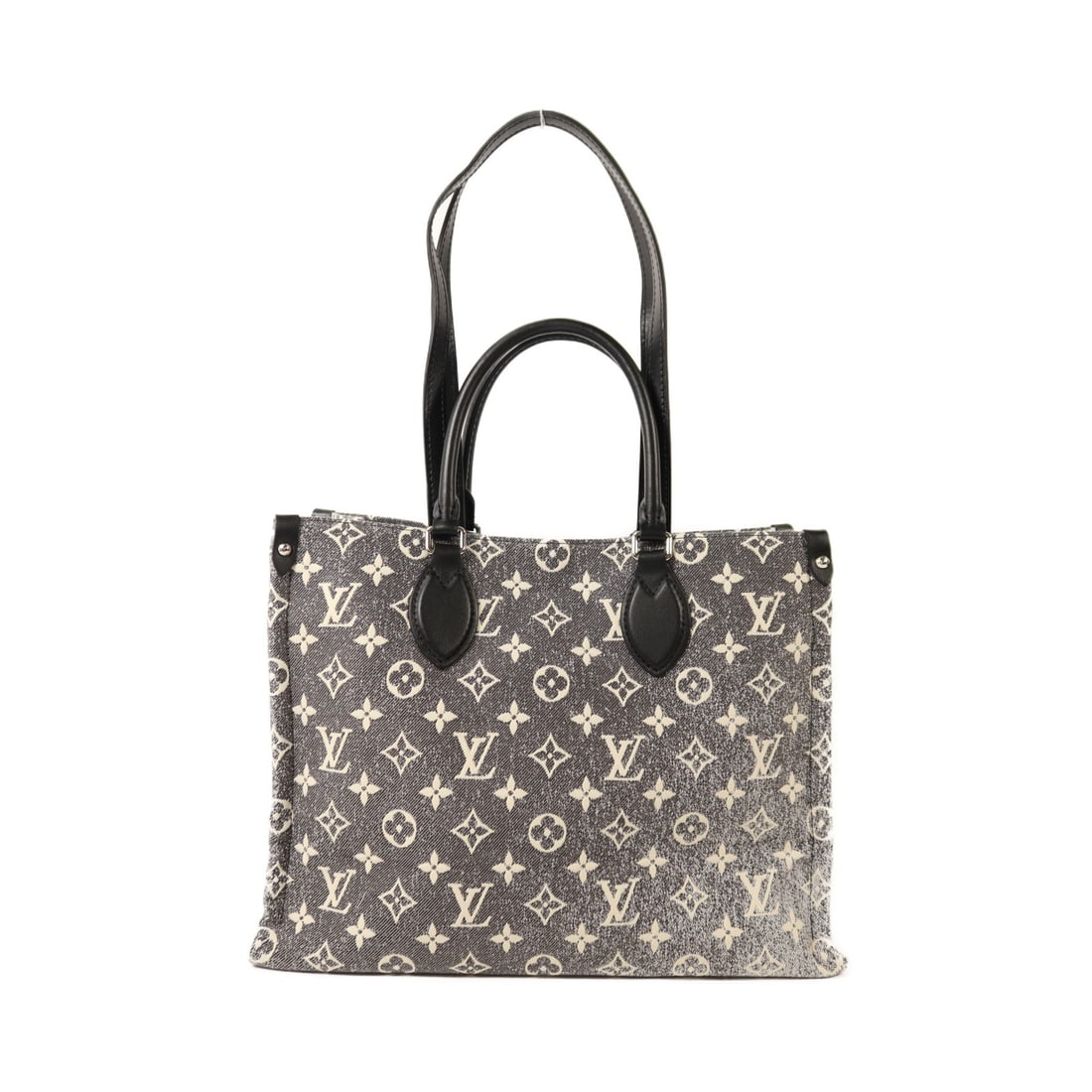 On the Go MM Black Denim Jacquard Shoulder Bag by Louis Vuitton: On the Go MM Black Denim Jacquard Shoulder Bag by Louis Vuitton This Louis Vuitton On the Go MM is a 2-way shoulder bag crafted from monogram jacquard denim in black. Made in France, it features a reg