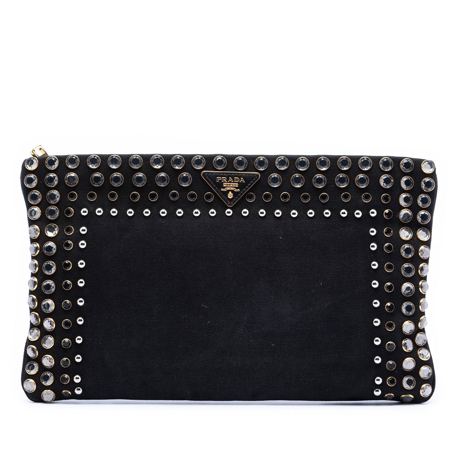 Prada Canapa Black Fabric Clutch with Studded Detail: Prada Canapa Black Fabric Clutch with Studded Detail This Prada Canvas Canapa Studded Vernice Clutch features a studded canvas exterior with a top zip closure. The interior includes zip and slip pocke