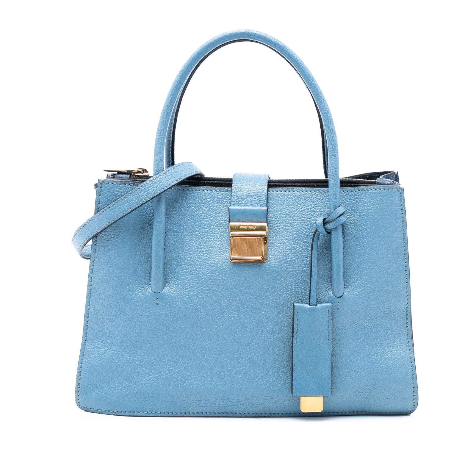 Blue Miu Miu Madras Goatskin Leather Satchel with Detachable Strap: Blue Miu Miu Madras Goatskin Leather Satchel with Detachable Strap This Miu Miu Madras Satchel is crafted from goatskin leather in blue and features rolled leather handles, a detachable flat leather s