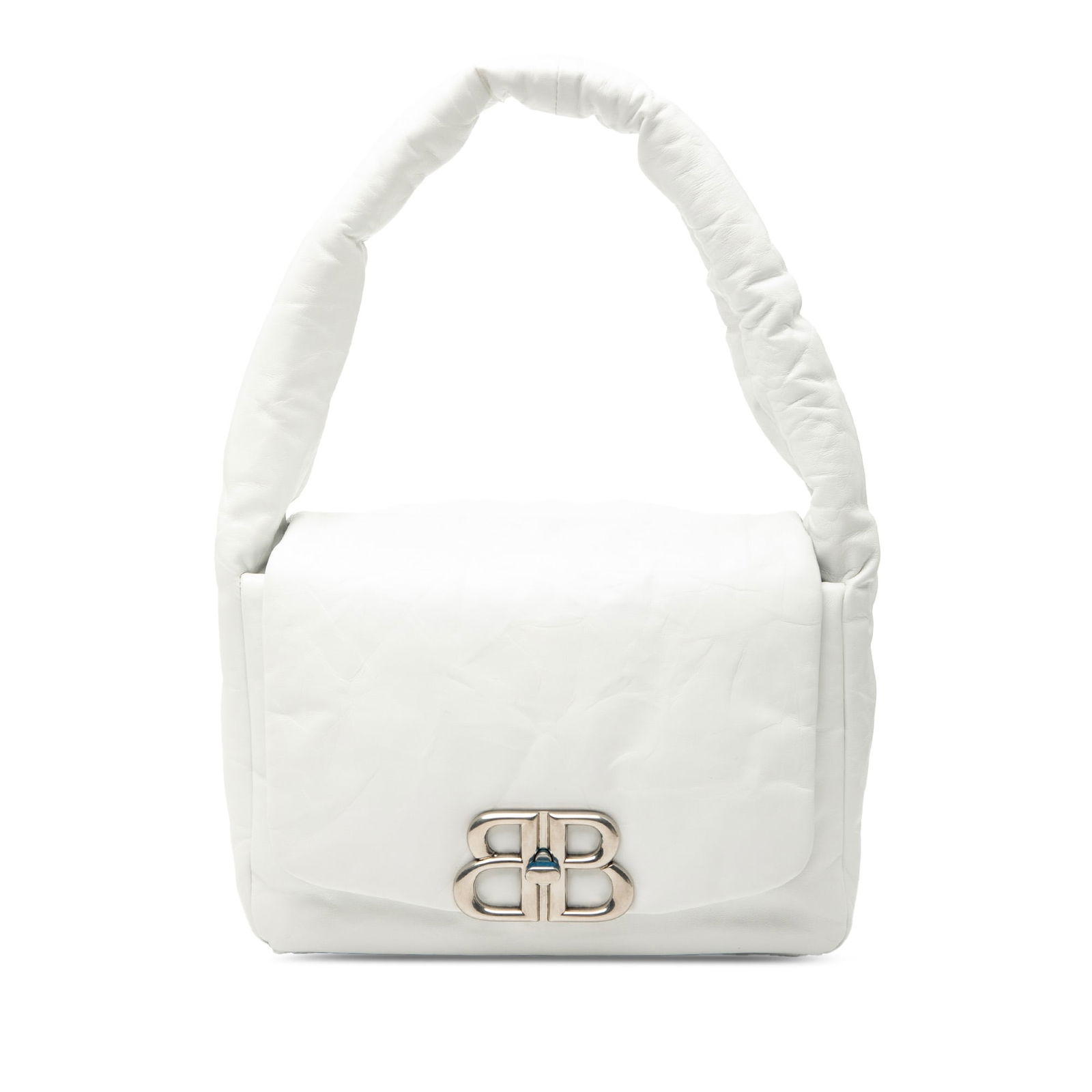 Balenciaga Monaco Small Leather Shoulder Bag with Sling Strap: Balenciaga Monaco Small Leather Shoulder Bag with Sling Strap This Balenciaga Small Calfskin Monaco Sling Shoulder Bag is crafted from white leather and features a rolled leather strap, a top flap wit