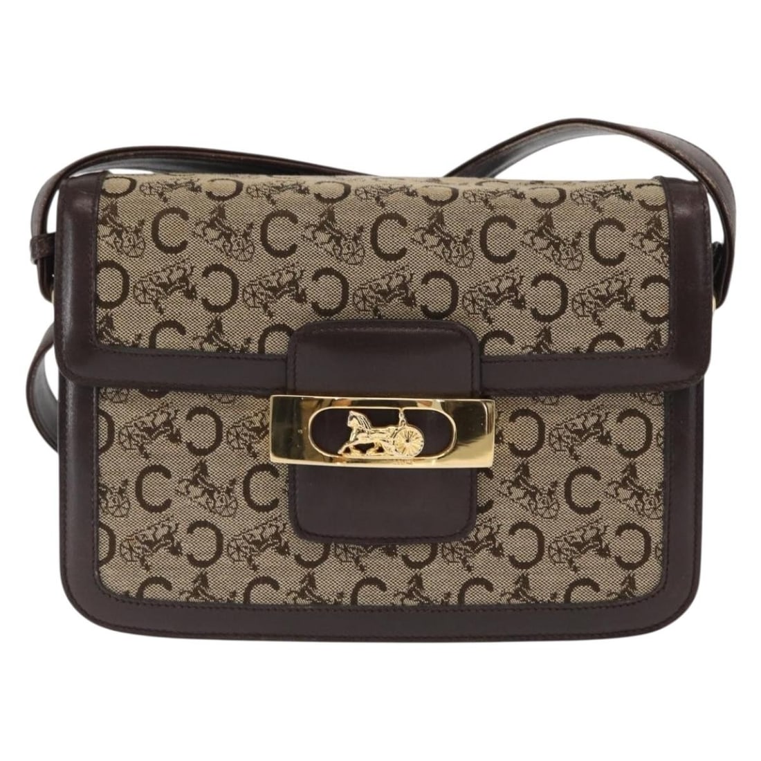 Vintage Celine Horse Carriage Macadam Canvas and Leather Shoulder Bag: Vintage Celine Horse Carriage Macadam Canvas and Leather Shoulder Bag This vintage Celine shoulder bag features the iconic Horse Carriage C Macadam canvas design with leather accents. Designed for wom