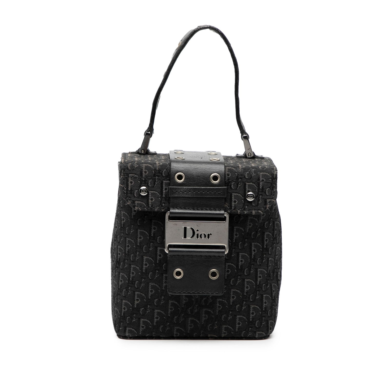 Dior Diorissimo Trotter Canvas Street Chic Vanity Handbag Black: Dior Diorissimo Trotter Canvas Street Chic Vanity Handbag Black This Diorissimo Trotter Canvas Street Chic vanity bag features a canvas body with a flat leather top handle and a top flap secured by a