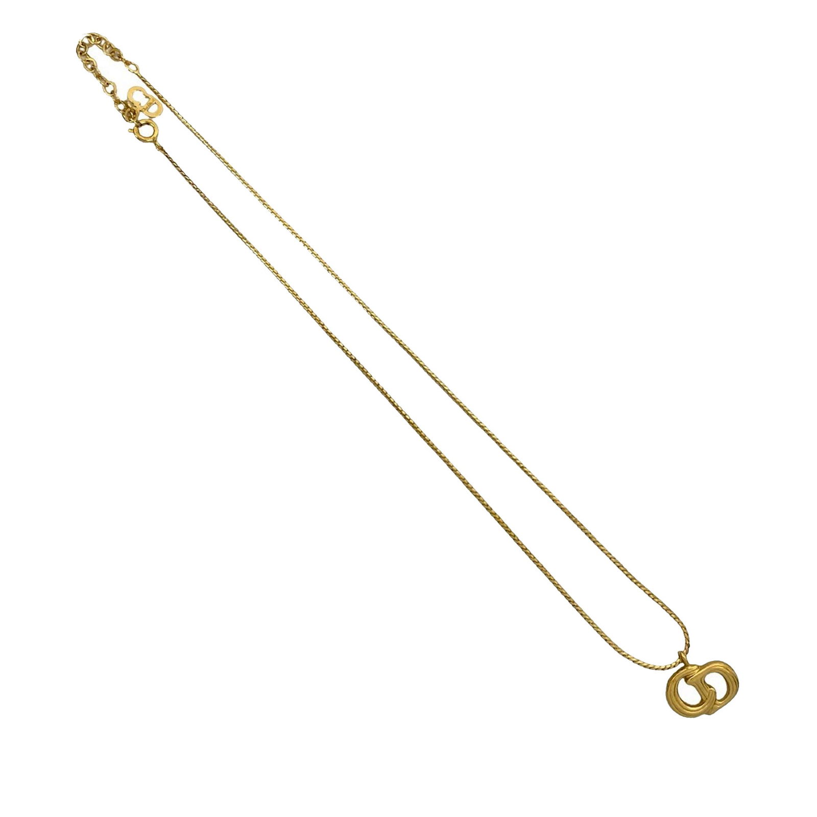 Gold Plated Pendant Necklace with CD Logo by Dior: Gold Plated Pendant Necklace with CD Logo by Dior This Dior necklace features a gold plated metal body with a CD logo pendant and a spring ring closure. The piece is categorized as costume jewelry and