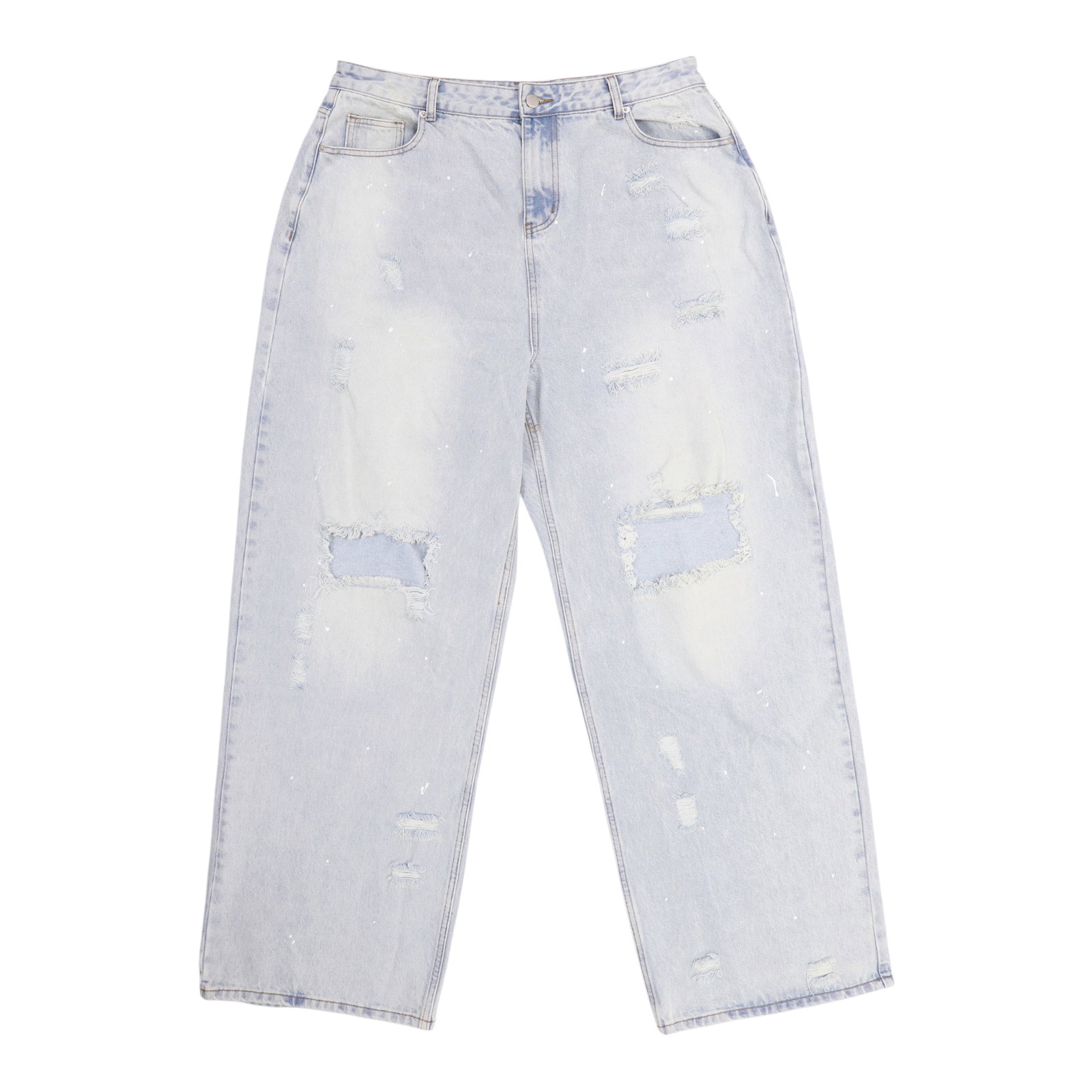 Light Wash Distressed Denim Pants with Paint Splatter by OTW: Light Wash Distressed Denim Pants with Paint Splatter by OTW These light wash distressed denim pants feature a paint splatter design and strategic distressing for a worn-in, urban look. The baggy fit