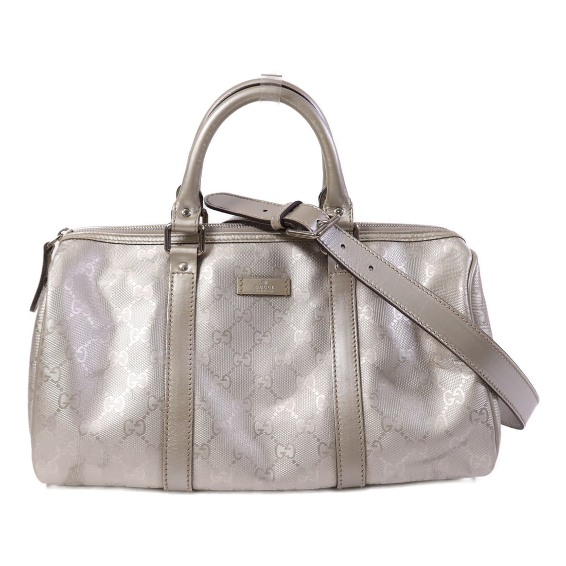 Gucci GG Coated Canvas Silver Boston 2 Way Shoulder Bag: Gucci GG Coated Canvas Silver Boston 2 Way Shoulder Bag This Gucci 2-way Boston bag features a silver PVC coated canvas exterior, offering both durability and a stylish look. Designed for versatility,