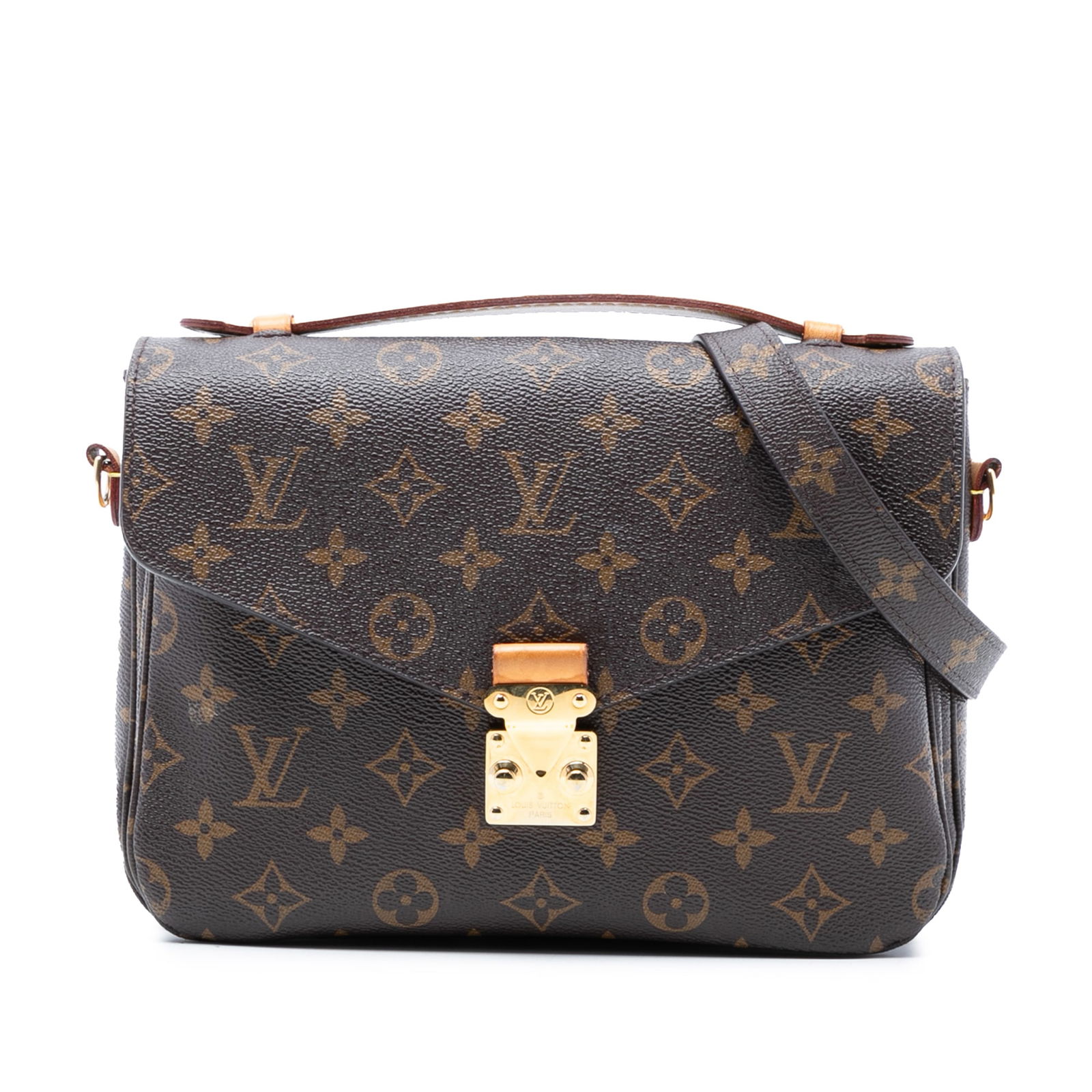 Pochette Metis Shoulder Bag in Monogram Canvas with Vachetta Handle: Pochette Metis Shoulder Bag in Monogram Canvas with Vachetta Handle This Louis Vuitton Pochette Metis features the classic monogram canvas, a flat vachetta leather top handle, and a detachable flat sh