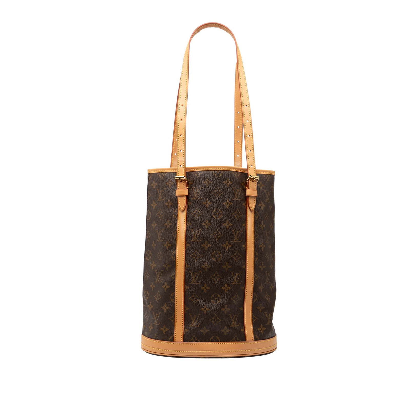 Monogram Canvas Bucket GM Shoulder Bag with Pouch by Louis Vuitton: Monogram Canvas Bucket GM Shoulder Bag with Pouch by Louis Vuitton This Louis Vuitton Monogram Bucket GM features a brown monogram canvas body with vachetta leather trim and flat vachetta leather stra