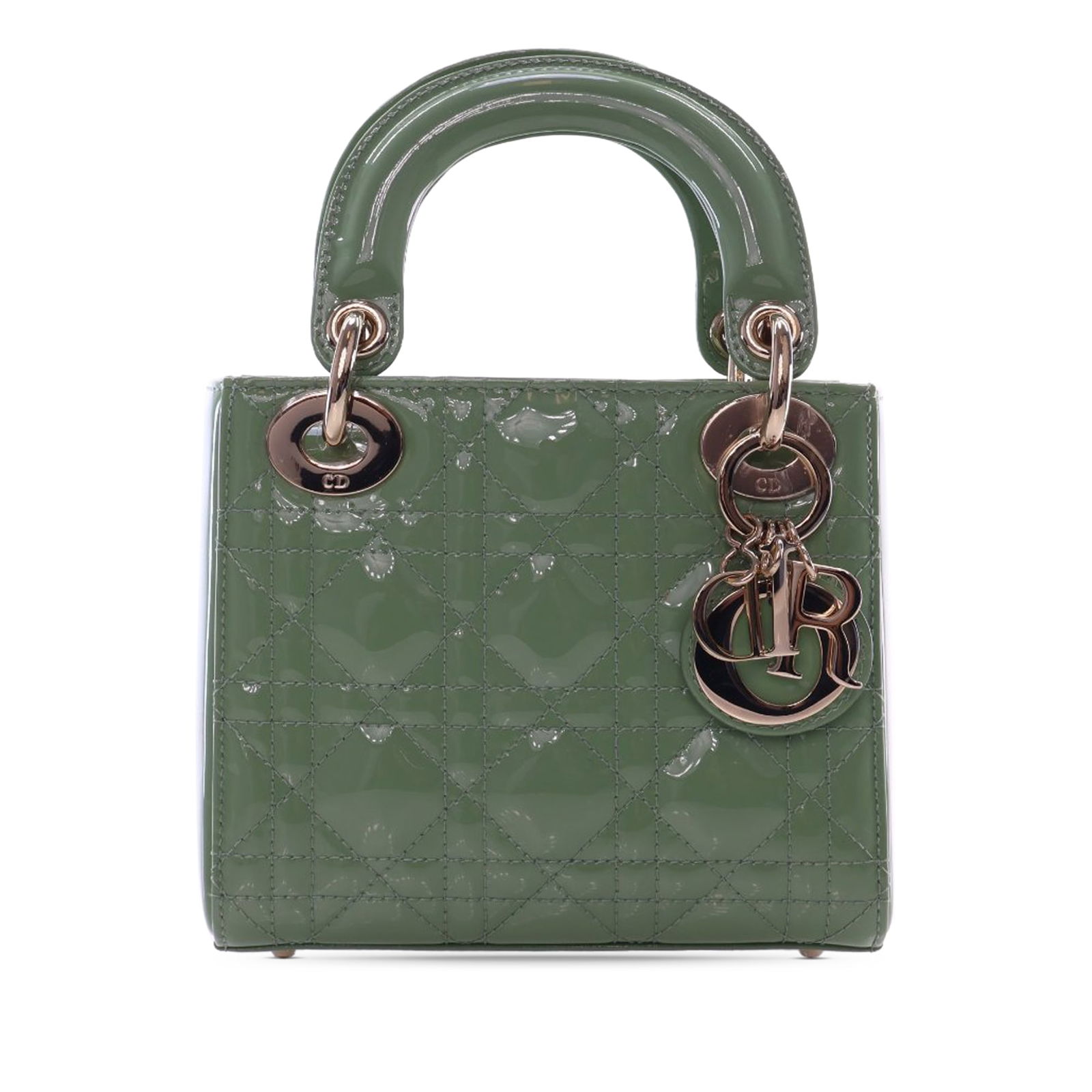 Dior Lady Dior Mini Green Patent Cannage Leather Bag with Chain Strap: Dior Lady Dior Mini Green Patent Cannage Leather Bag with Chain Strap This Mini Patent Cannage Lady Dior bag features a quilted patent leather exterior in green, flat leather top handles, and a detach