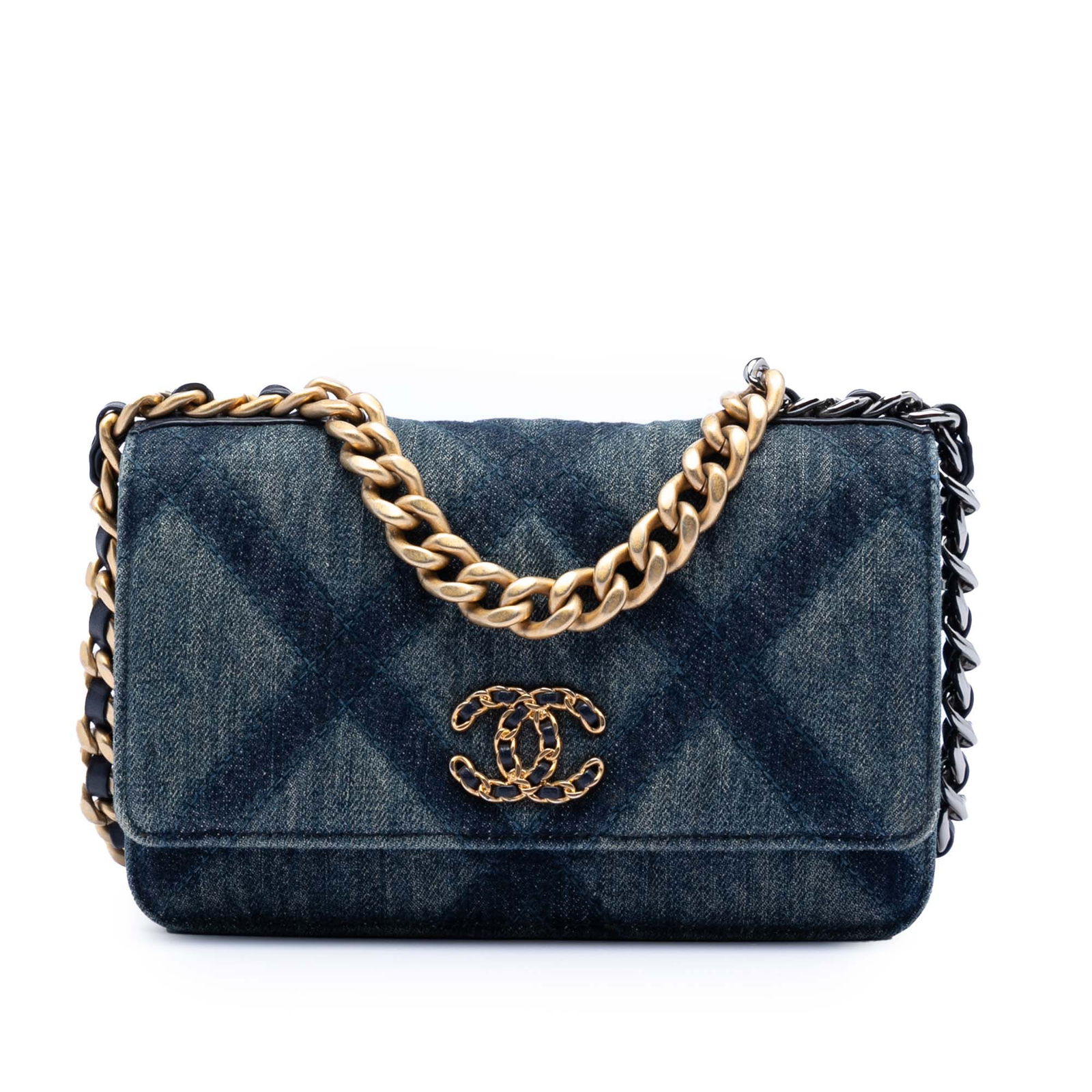 Blue Denim Chanel 19 Flap Wallet on Chain Shoulder Bag: Blue Denim Chanel 19 Flap Wallet on Chain Shoulder Bag This Chanel Denim 19 Flap Wallet On Chain features a stitched denim exterior in blue, a chain link handle, and a leather-woven chain link shoulde