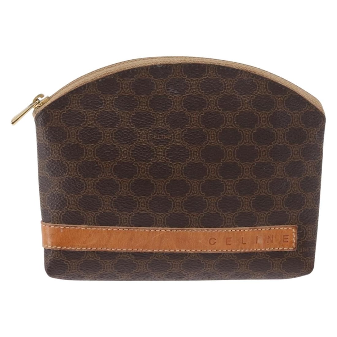 Celine Macadam Brown Canvas and Leather Pochette 15cm by 11cm by 4cm: Celine Macadam Brown Canvas and Leather Pochette 15cm by 11cm by 4cm This Celine Macadam Pochette for women features a brown canvas body complemented by leather details. The compact design measures 15