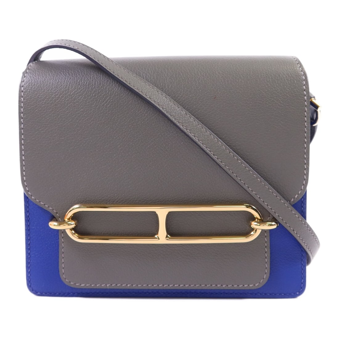 Hermes Roulis Mini Grey Blue Evercolor Calfskin Shoulder Bag with Gold Hardware: Hermes Roulis Mini Grey Blue Evercolor Calfskin Shoulder Bag with Gold Hardware Hermes Roulis Mini shoulder bag crafted from Evercolor calfskin leather in a sophisticated grey hue. This elegant bag fe