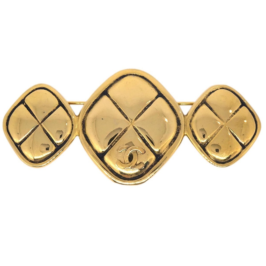 Chanel Gold-Plated Triple Rhombus Brooch Pin 3in: Chanel Gold-Plated Triple Rhombus Brooch Pin 3in This exquisite Chanel Triple Rhombus Brooch Pin features a stunning gold-plated design that captures elegance and sophistication. Measuring 3 inches in