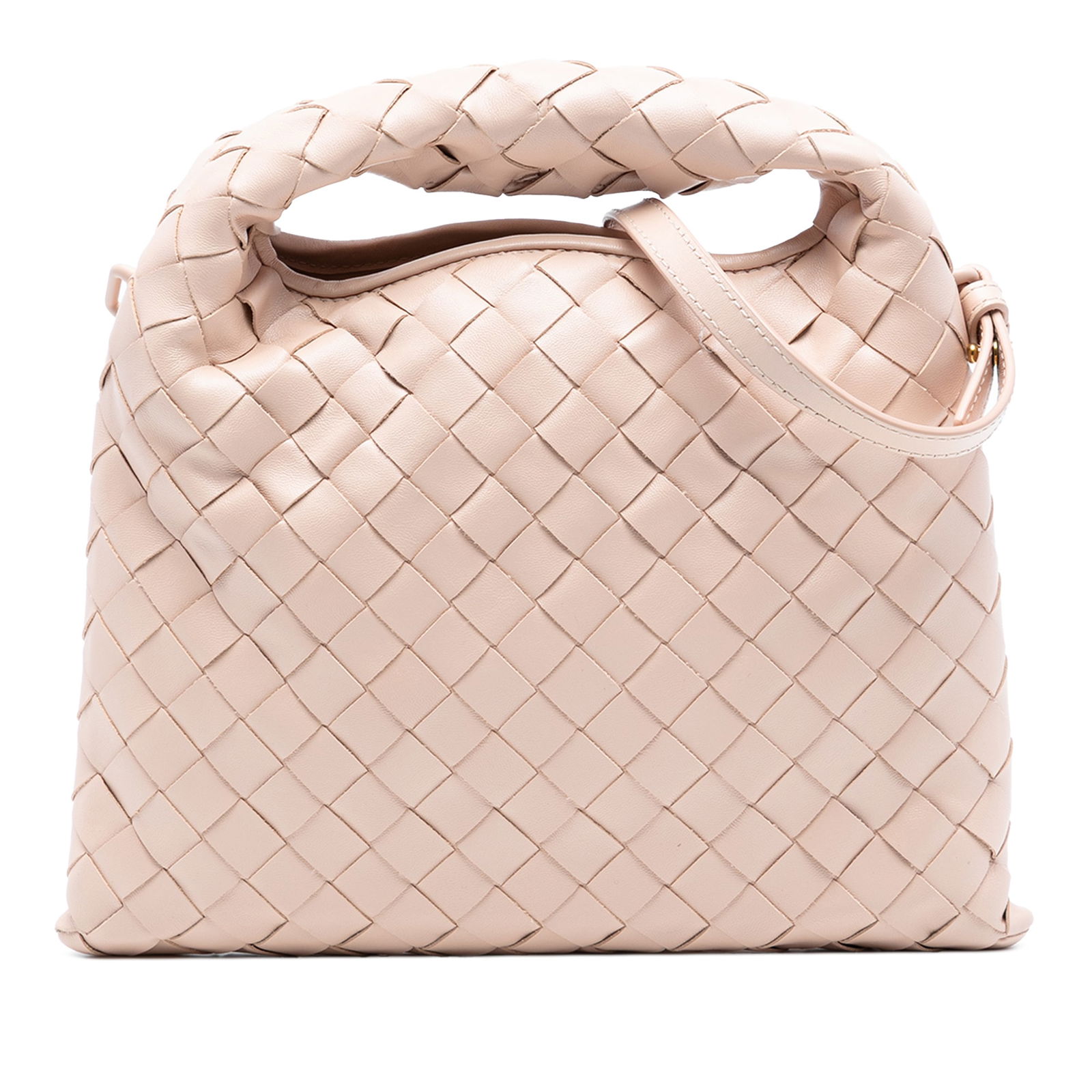 Bottega Veneta Pink Mini Calfskin Intrecciato Hop Satchel: Bottega Veneta Pink Mini Calfskin Intrecciato Hop Satchel Introducing the Bottega Veneta Mini Calfskin Intrecciato Hop Satchel, a stylish blend of craftsmanship and elegance. This exquisite bag featur