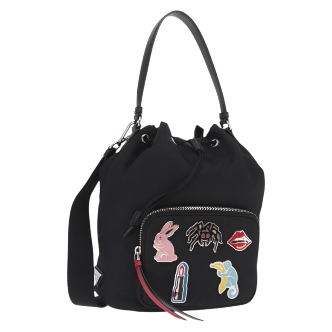 Prada Black Nylon Two-Way Handbag with Silver Accents and Accessories: Prada Black Nylon Two-Way Handbag with Silver Accents and Accessories This Prada 2-way handbag is crafted from black nylon with silver-tone accents. It features both top handles and an adjustable shou