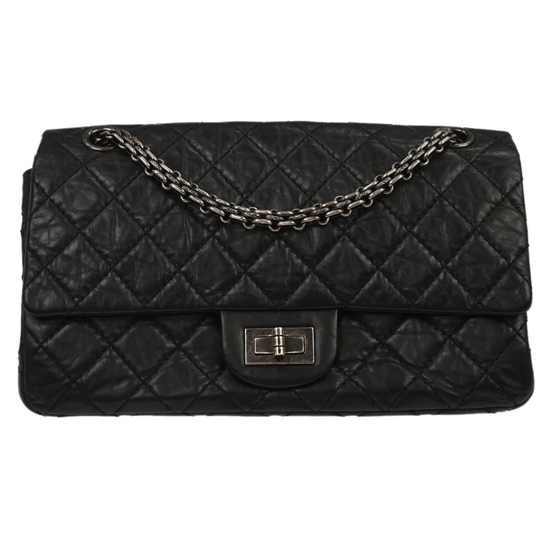 Chanel So Black Reissue 2.55 Quilted Calfskin Flap Shoulder Bag: Chanel So Black Reissue 2.55 Quilted Calfskin Flap Shoulder Bag This Chanel So Black Reissue 2.55 Flap Bag is crafted from quilted aged calfskin in black. Designed for women, it features a classic fla