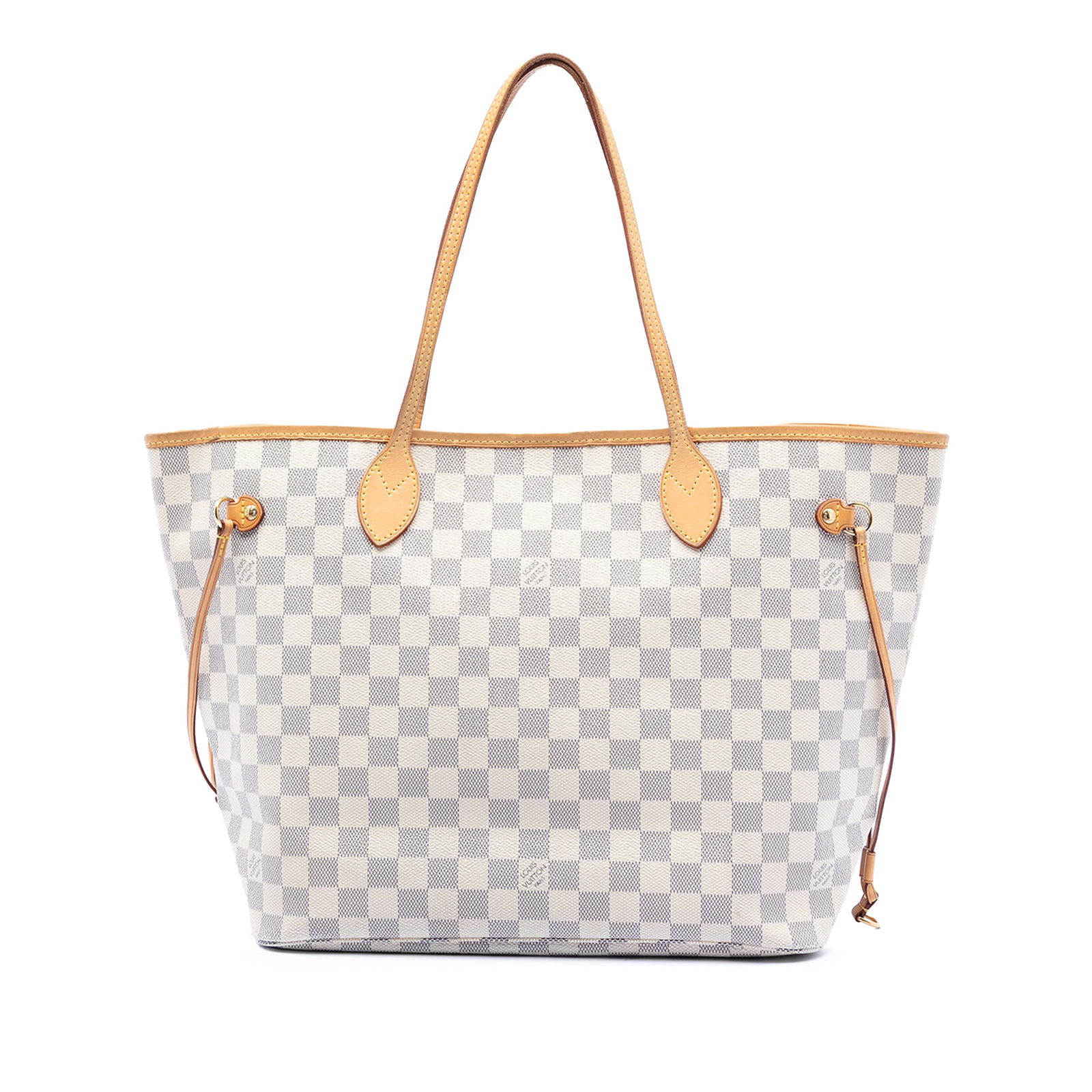 Louis Vuitton Neverfull MM Tote Damier Azur Canvas with Vachetta Leather Trim: Louis Vuitton Neverfull MM Tote Damier Azur Canvas with Vachetta Leather Trim This Louis Vuitton Damier Azur Neverfull MM features a damier azur canvas body accented with vachetta leather trim and fla