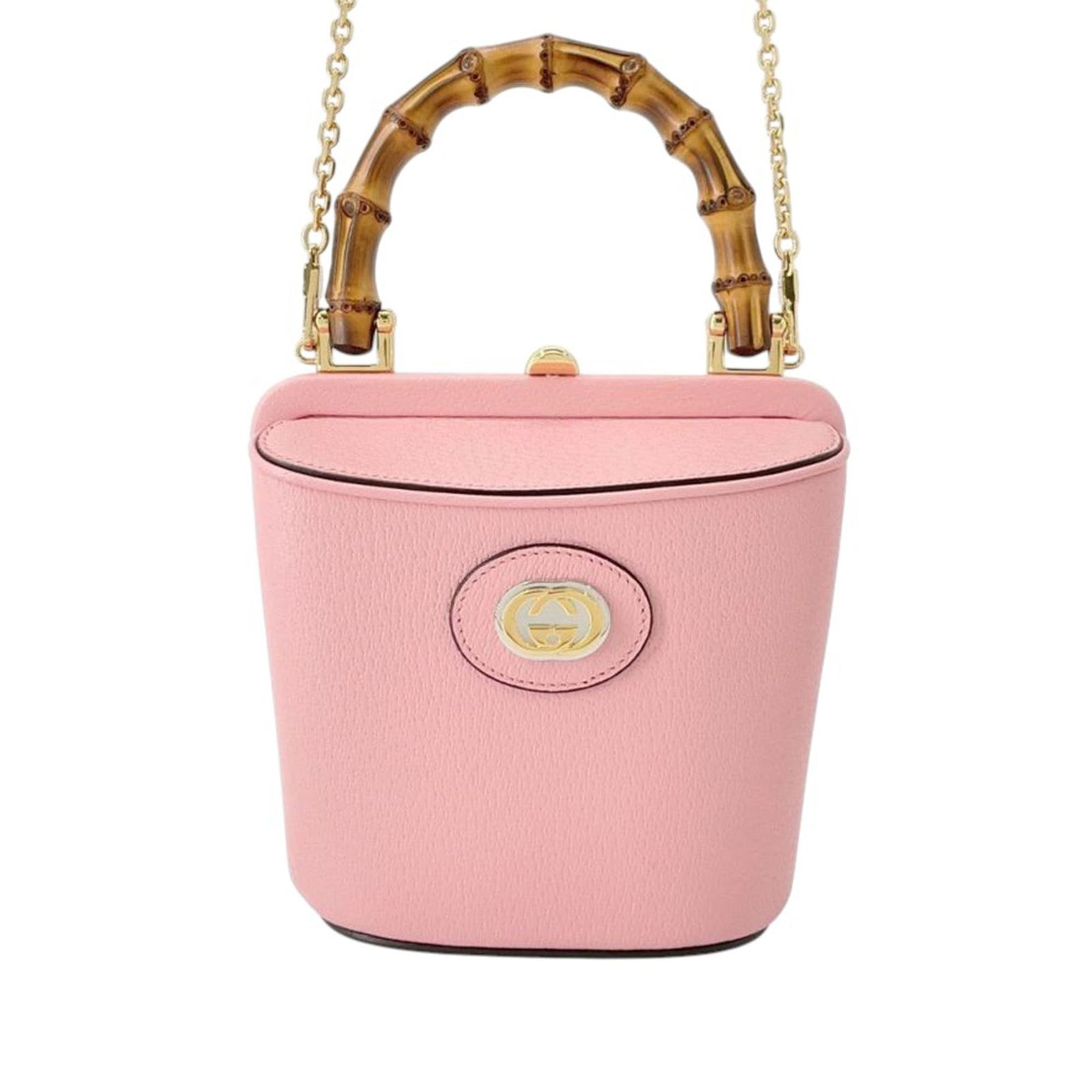 Gucci Mini Marina Pink Leather Bucket Bag with Bamboo Handle and Chain Strap: Gucci Mini Marina Pink Leather Bucket Bag with Bamboo Handle and Chain Strap This Gucci Mini Dollar Calfskin Bamboo Marina Bucket Bag features a pink leather body, a distinctive bamboo top handle, and