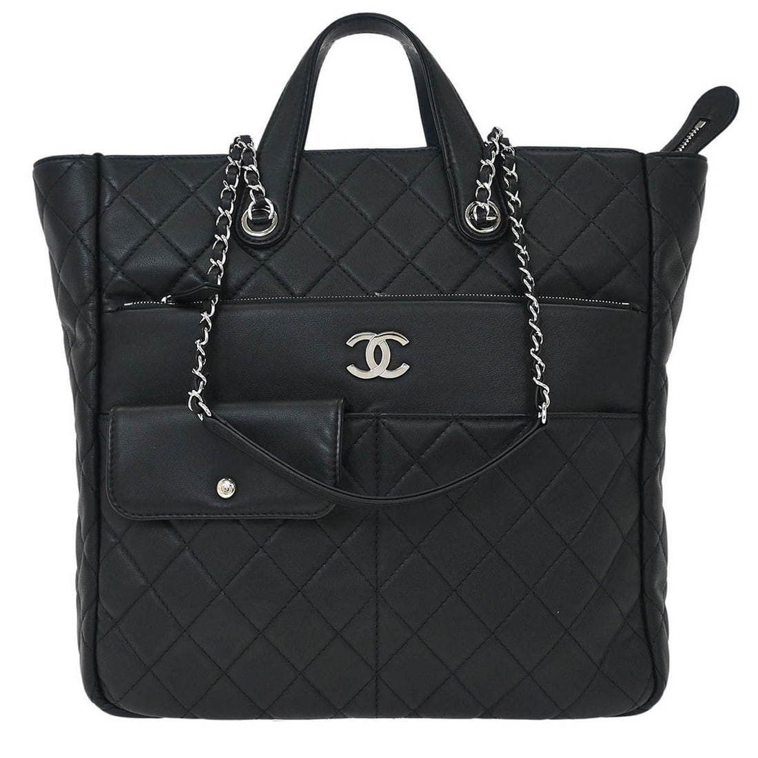 Chanel Black Lambskin Ultra Pocket 2way Shopping Tote Handbag: Chanel Black Lambskin Ultra Pocket 2way Shopping Tote Handbag Introducing the Chanel Black Lambskin Ultra Pocket Shopping Tote, a versatile 2-way handbag designed for casual occasions. This stylish to