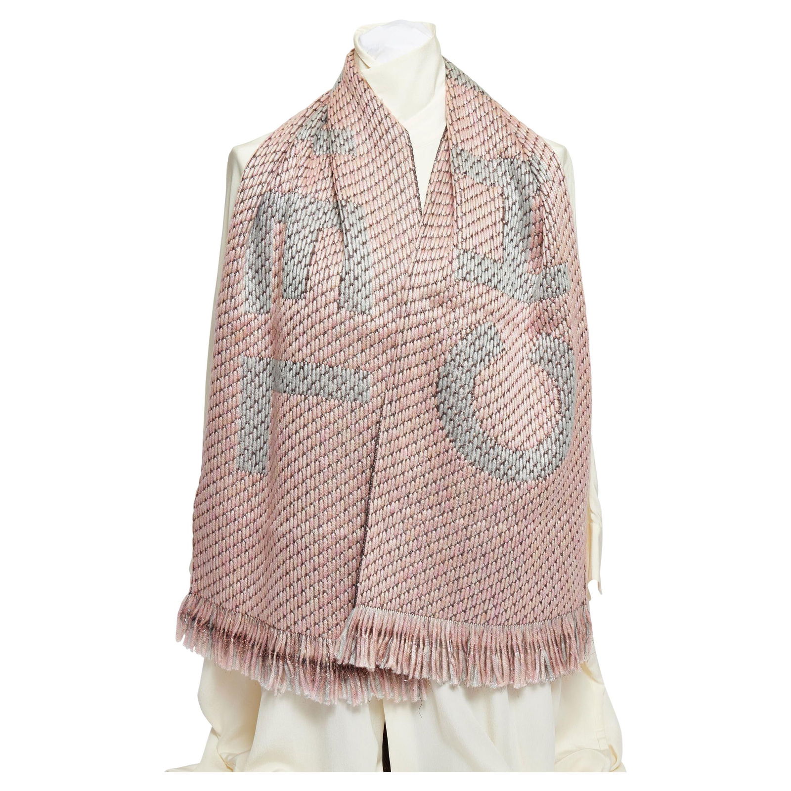 Chanel Reversible Pink Grey Metallic Lurex Scarf 13 x 68: Chanel Reversible Pink Grey Metallic Lurex Scarf 13 x 68 Elevate your accessory collection with this stunning Chanel scarf, designed in a chic pink and grey palette. Crafted from high-quality lurex, t