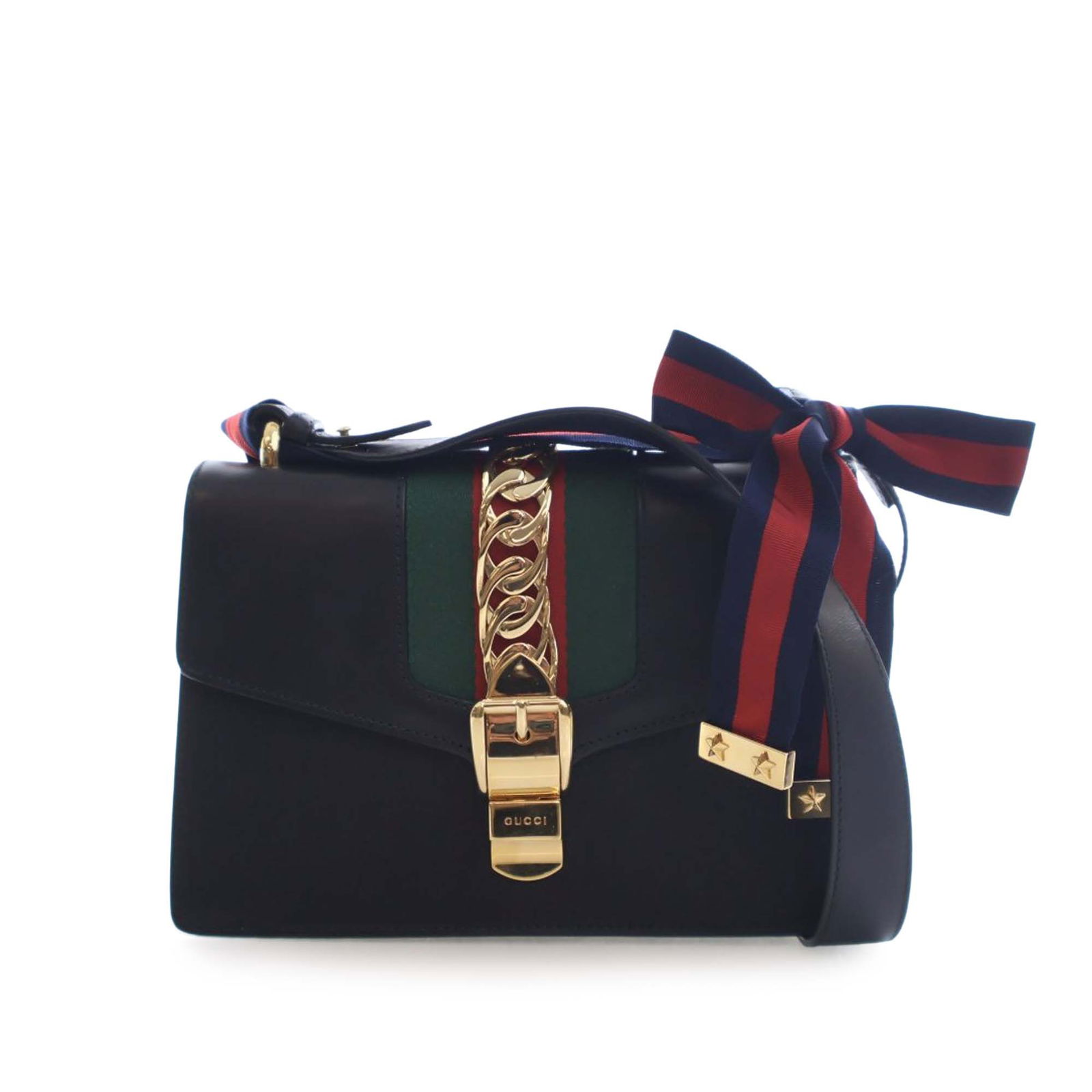 Sylvie Web Black Leather Small Satchel Bag with Top Handle by Gucci: Sylvie Web Black Leather Small Satchel Bag with Top Handle by Gucci This Gucci Small Leather Sylvie Web Satchel features a structured leather body with the signature web detail, a flat leather top han