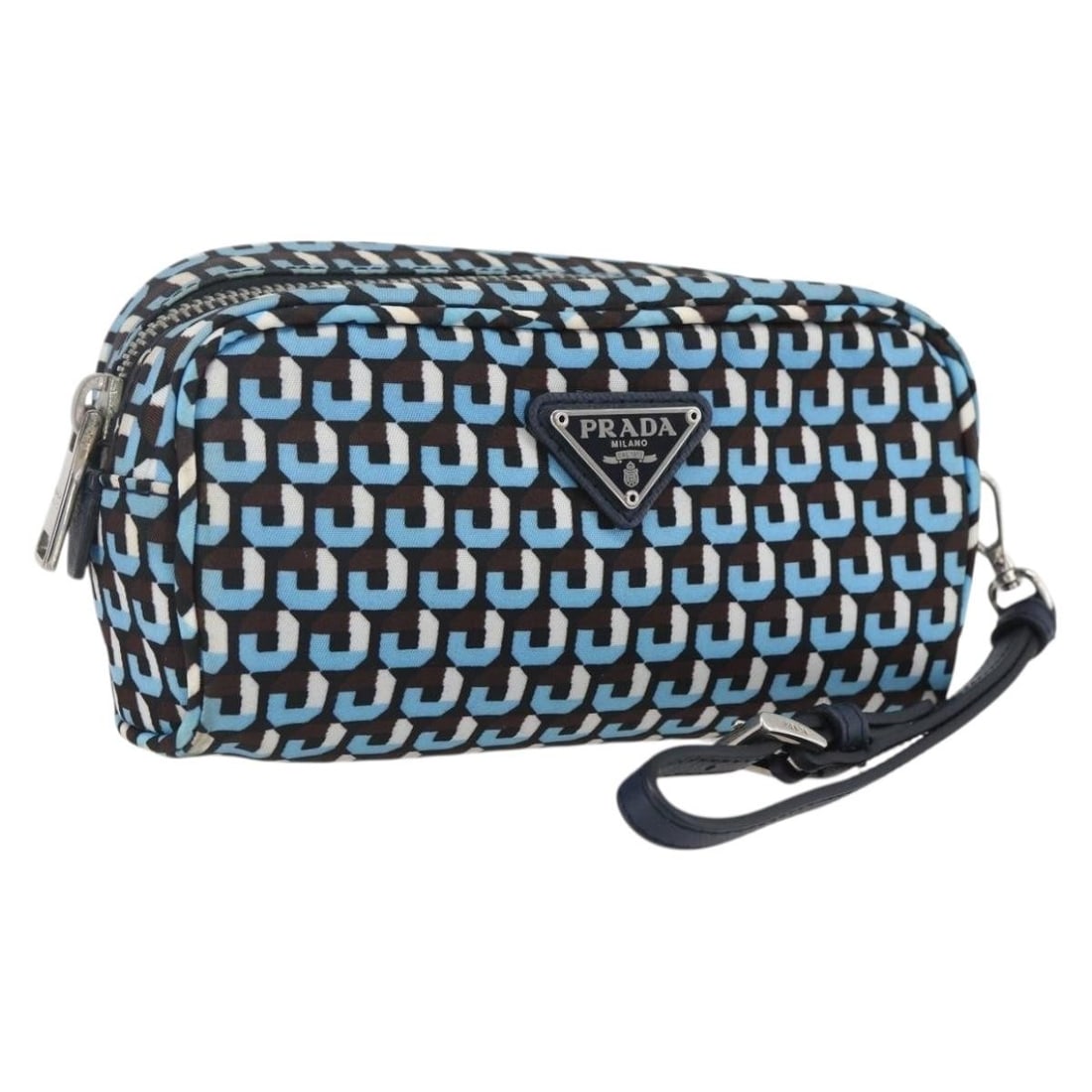 Blue and Silver Nylon Pouch by PRADA Italy: Blue and Silver Nylon Pouch by PRADA Italy This authentic PRADA pouch features a blue and silver nylon exterior with silver-tone accents. Made in Italy, the compact pouch is designed for everyday esse