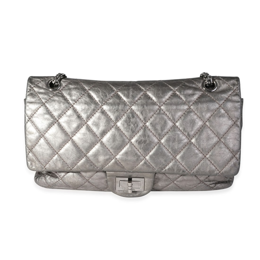 Chanel 2.55 Reissue 227 Metallic Pewter Lambskin Double Flap Bag: Chanel 2.55 Reissue 227 Metallic Pewter Lambskin Double Flap Bag This exquisite Chanel Metallic Pewter Crinkle Lambskin Reissue 2.25 227 Double Flap Bag is a stunning addition to any collection. Craft