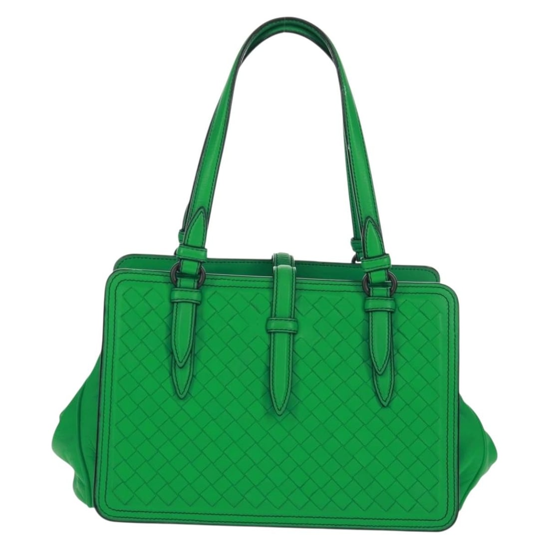 Bottega Veneta Green Leather Intrecciato Purse 26cm by 16cm by 11cm: Bottega Veneta Green Leather Intrecciato Purse 26cm by 16cm by 11cm This Bottega Veneta Intrecciato handbag for women features green leather crafted in Italy. The exterior displays slight rubbing, min