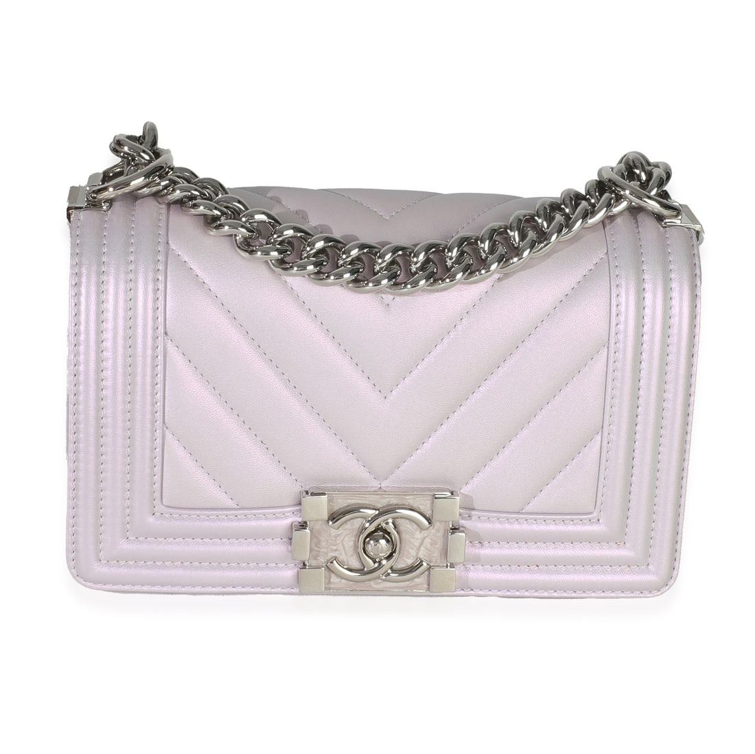 Chanel Small Boy Bag Purple Metallic Lambskin 2018 Silver-Tone Hardware: Chanel Small Boy Bag Purple Metallic Lambskin 2018 Silver-Tone Hardware This stunning Chanel Small Boy Bag is crafted from luxurious purple metallic lambskin leather, showcasing a distinctive chevron