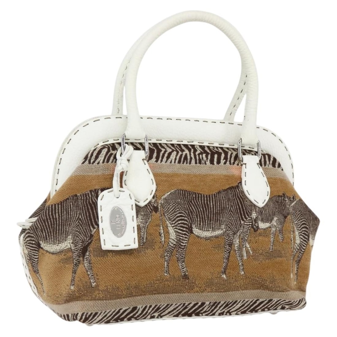 Beige Canvas Celeria Handbag by Fendi with Silver Accents and Dust Bag: Beige Canvas Celeria Handbag by Fendi with Silver Accents and Dust Bag This FENDI Celeria handbag features a beige and silver canvas exterior and is crafted in Italy. The bag includes a dust bag and h