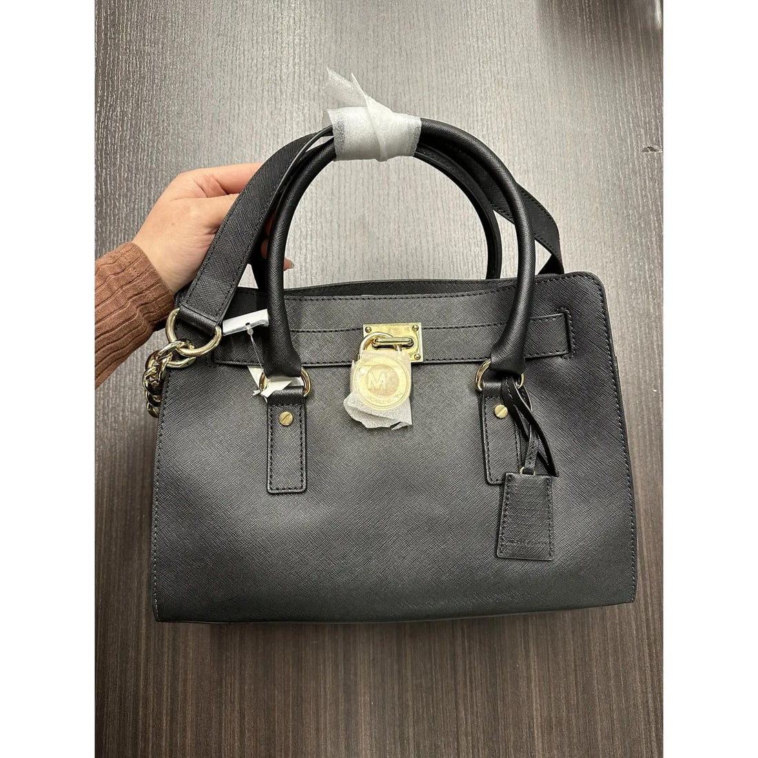 Michael Kors Hamilton Black Saffiano Leather Satchel Handbag with Gold Tone Hardware - 2