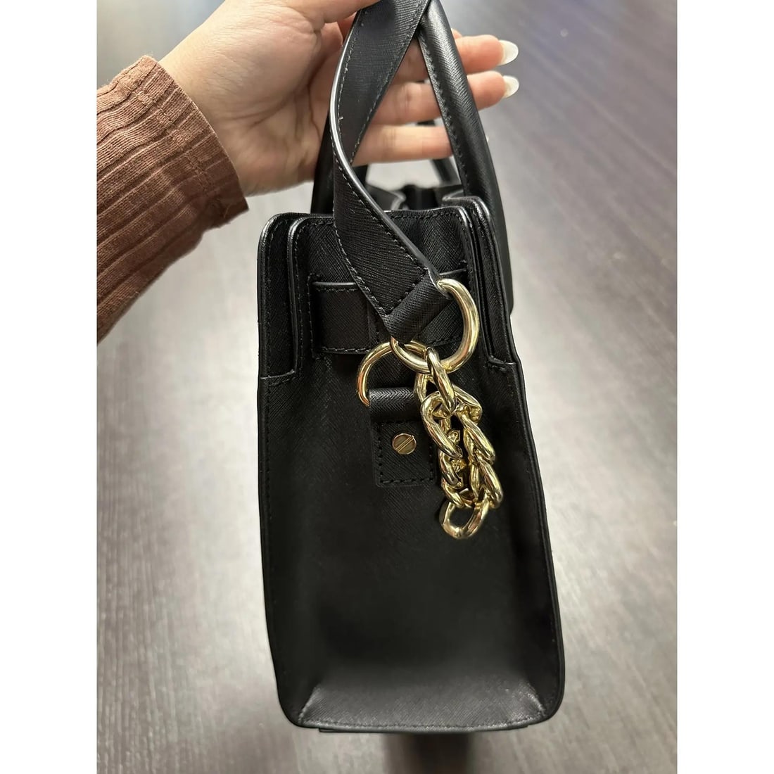 Michael Kors Hamilton Black Saffiano Leather Satchel Handbag with Gold Tone Hardware - 6