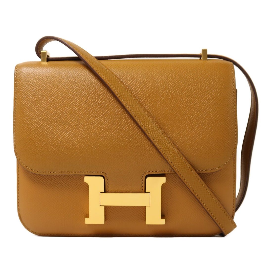 Hermes Constance Mini Brown Epsom Calfskin Leather Shoulder Bag with Gold Hardware: Hermes Constance Mini Brown Epsom Calfskin Leather Shoulder Bag with Gold Hardware The Hermes Constance Mini shoulder bag is crafted from Veau Epsom calfskin leather in a sesame brown color. This eleg