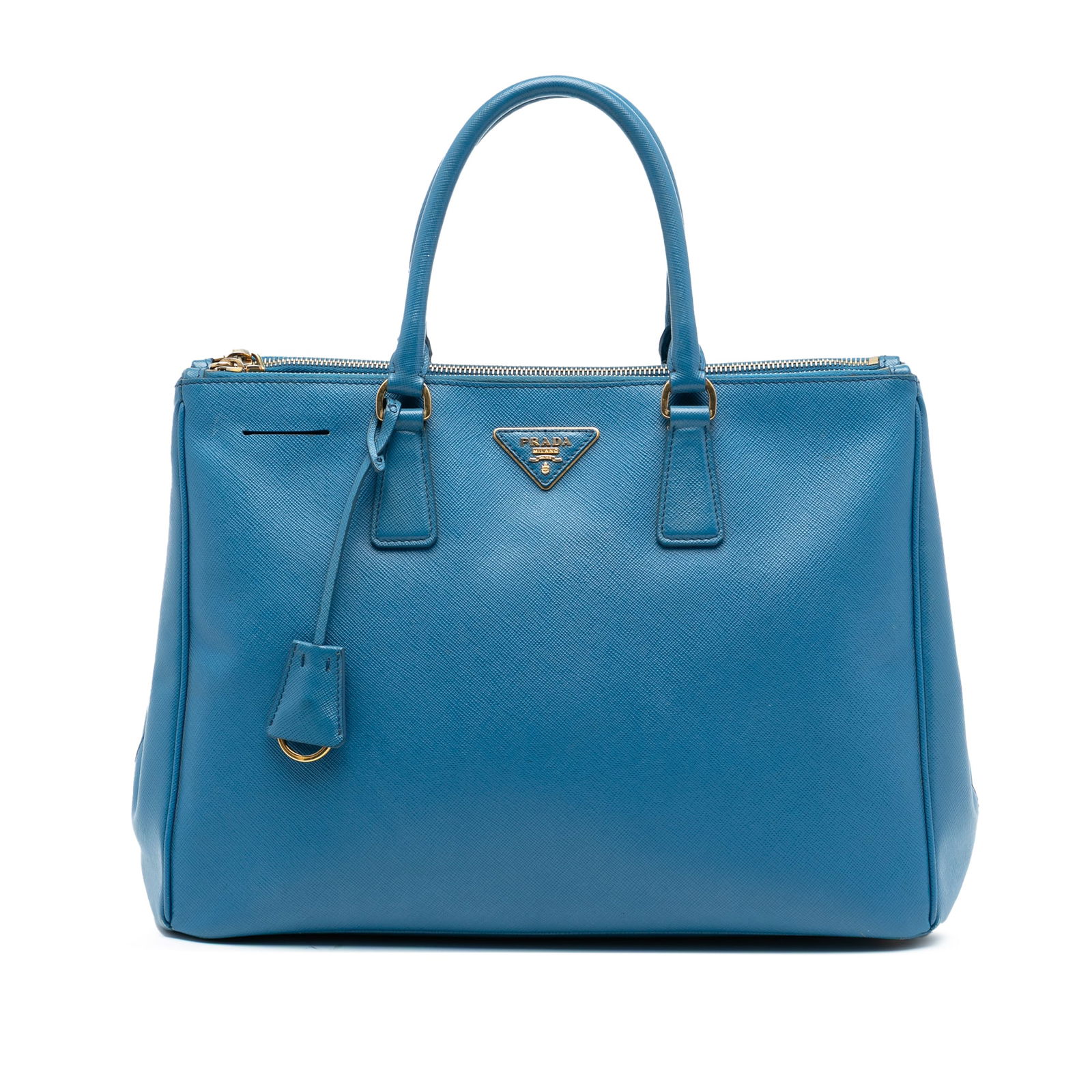 Prada Galleria Saffiano Leather Double Zip Large Tote Bag: Prada Galleria Saffiano Leather Double Zip Large Tote Bag This Prada Large Saffiano Lux Galleria Double Zip Tote features a blue saffiano leather body, rolled handles, an open top, two zip compartment