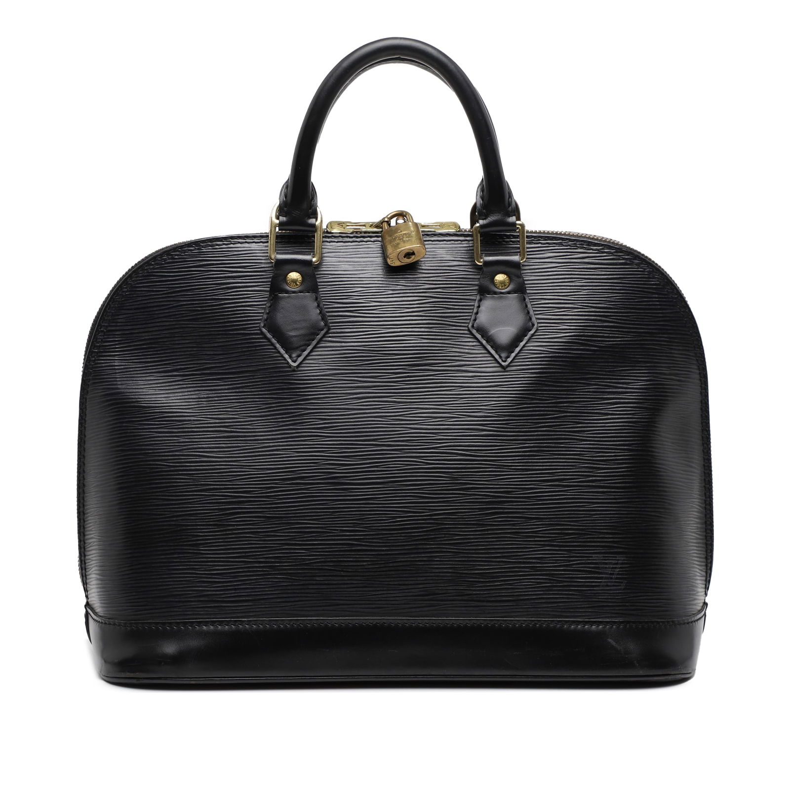 Louis Vuitton Epi Alma PM Black Leather Handbag: Louis Vuitton Epi Alma PM Black Leather Handbag The Louis Vuitton Epi Alma PM is a sophisticated handbag crafted from durable epi leather, featuring a sleek black finish. It boasts rolled leather hand