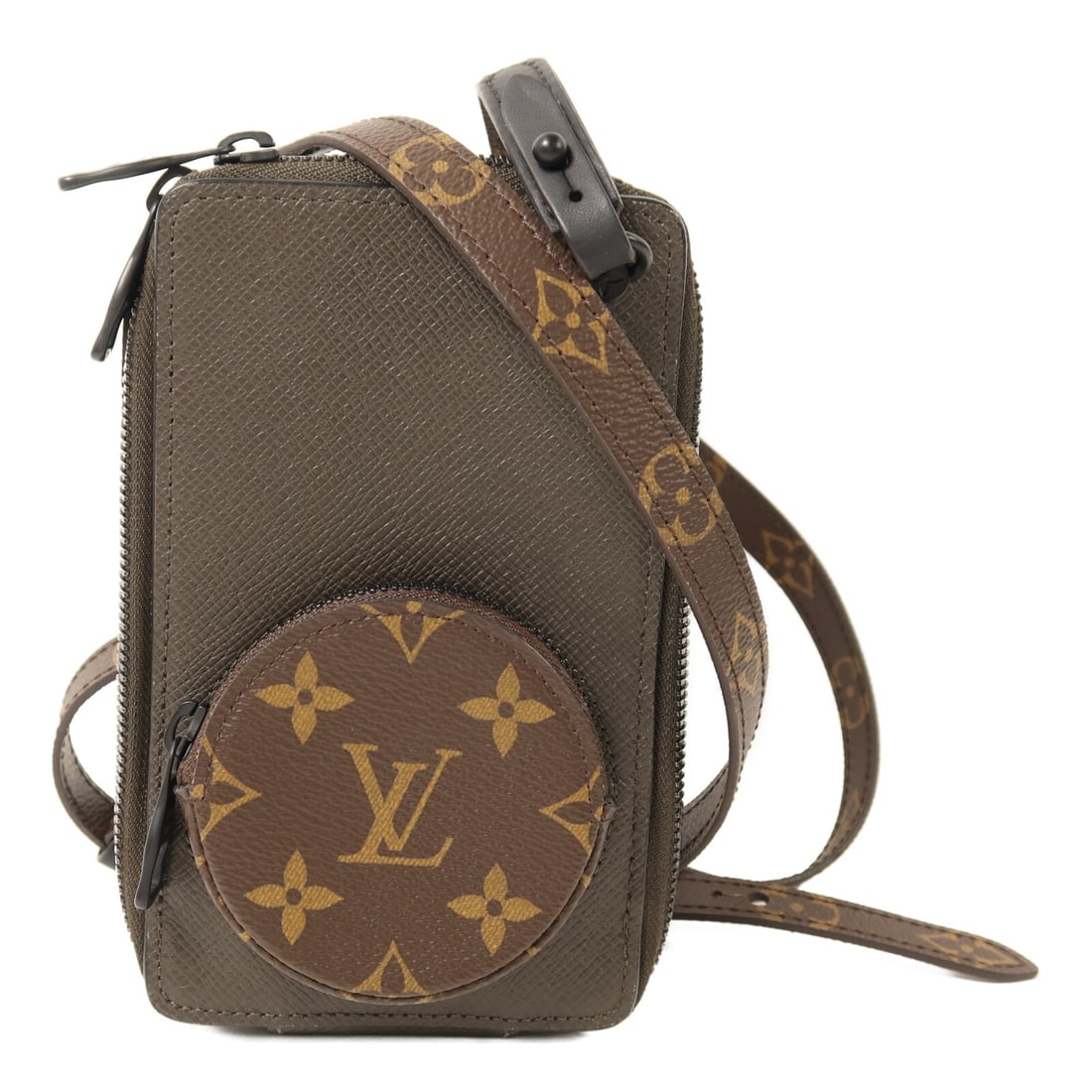 Louis Vuitton Taigaram M30581 Green Brown Phone Box Canvas Shoulder Bag: Louis Vuitton Taigaram M30581 Green Brown Phone Box Canvas Shoulder Bag This Louis Vuitton LV Phone Box shoulder bag showcases a sleek design in green PVC coated canvas. The compact structure is ideal