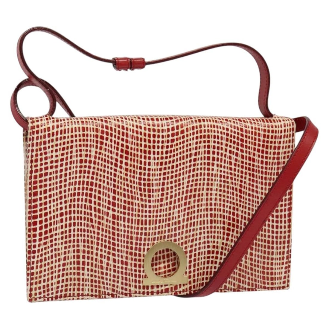 Red Leather Gancini Shoulder Bag by Salvatore Ferragamo: Red Leather Gancini Shoulder Bag by Salvatore Ferragamo The Salvatore Ferragamo Gancini Shoulder Bag is crafted from red leather and designed for women. This Italian-made bag features a compact size s