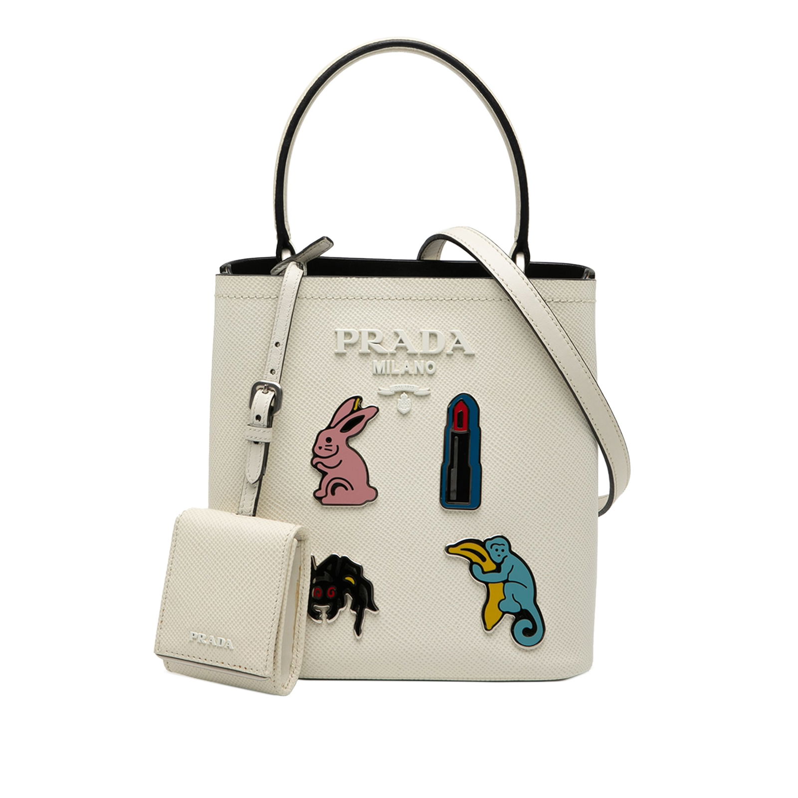 Prada Small Saffiano Cuir Smalto Panier Satchel White Leather Bag: Prada Small Saffiano Cuir Smalto Panier Satchel White Leather Bag Elevate your accessory collection with the Prada Small Saffiano Cuir Smalto Panier Satchel. This sophisticated satchel is crafted from