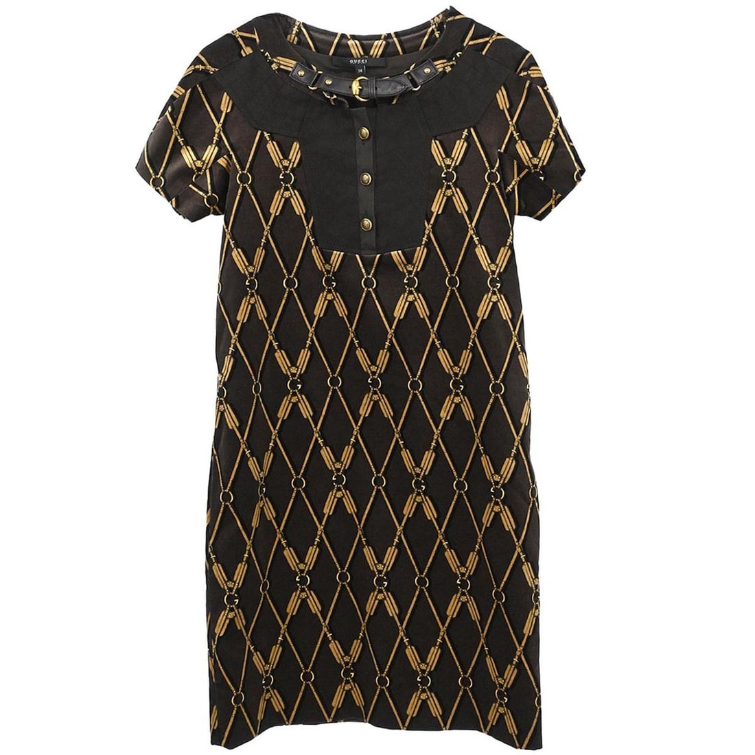 Brown Mini Dress by Gucci Short Sleeve Cotton Blend Size 38: Brown Mini Dress by Gucci Short Sleeve Cotton Blend Size 38 This Gucci short sleeve mini dress is crafted from a blend of cotton, modal, and polyurethane, offering a comfortable and stylish fit. Prese