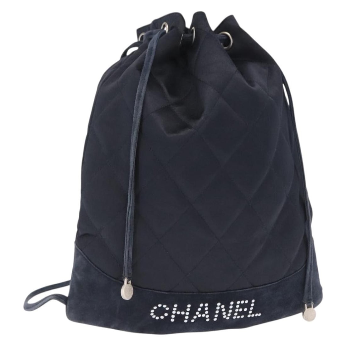 Navy Satin Matelasse Backpack by CHANEL with CC Logo: Navy Satin Matelasse Backpack by CHANEL with CC Logo This CHANEL Matelasse backpack features a sophisticated navy satin exterior and the iconic CC logo. Made in France, the backpack offers both style