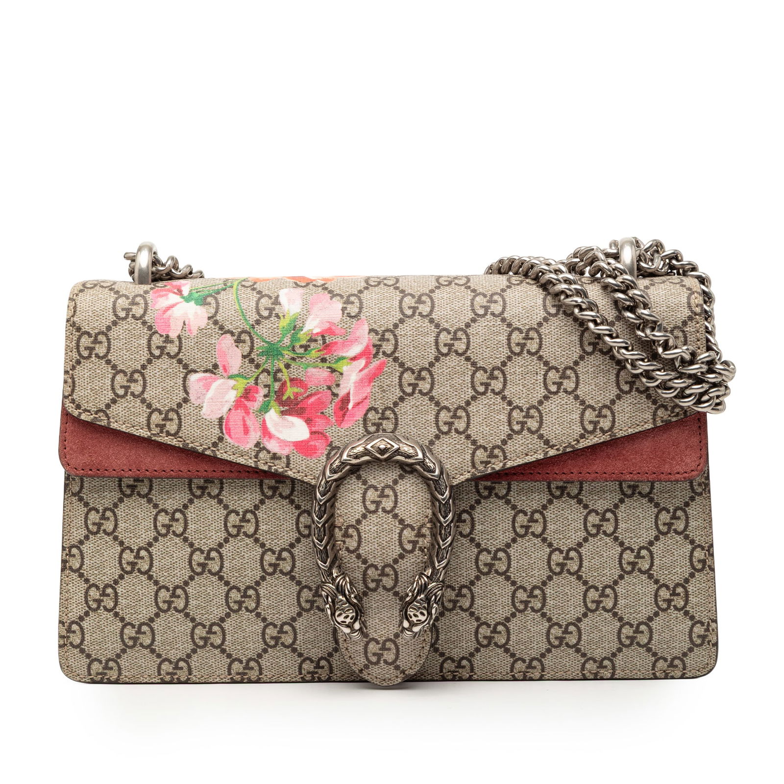 Gucci Dionysus Small GG Supreme Blooms Canvas Shoulder Bag: Gucci Dionysus Small GG Supreme Blooms Canvas Shoulder Bag The Gucci Small GG Supreme Blooms Dionysus Shoulder Bag features a coated canvas exterior with suede leather trim, a silver-tone curb chain l