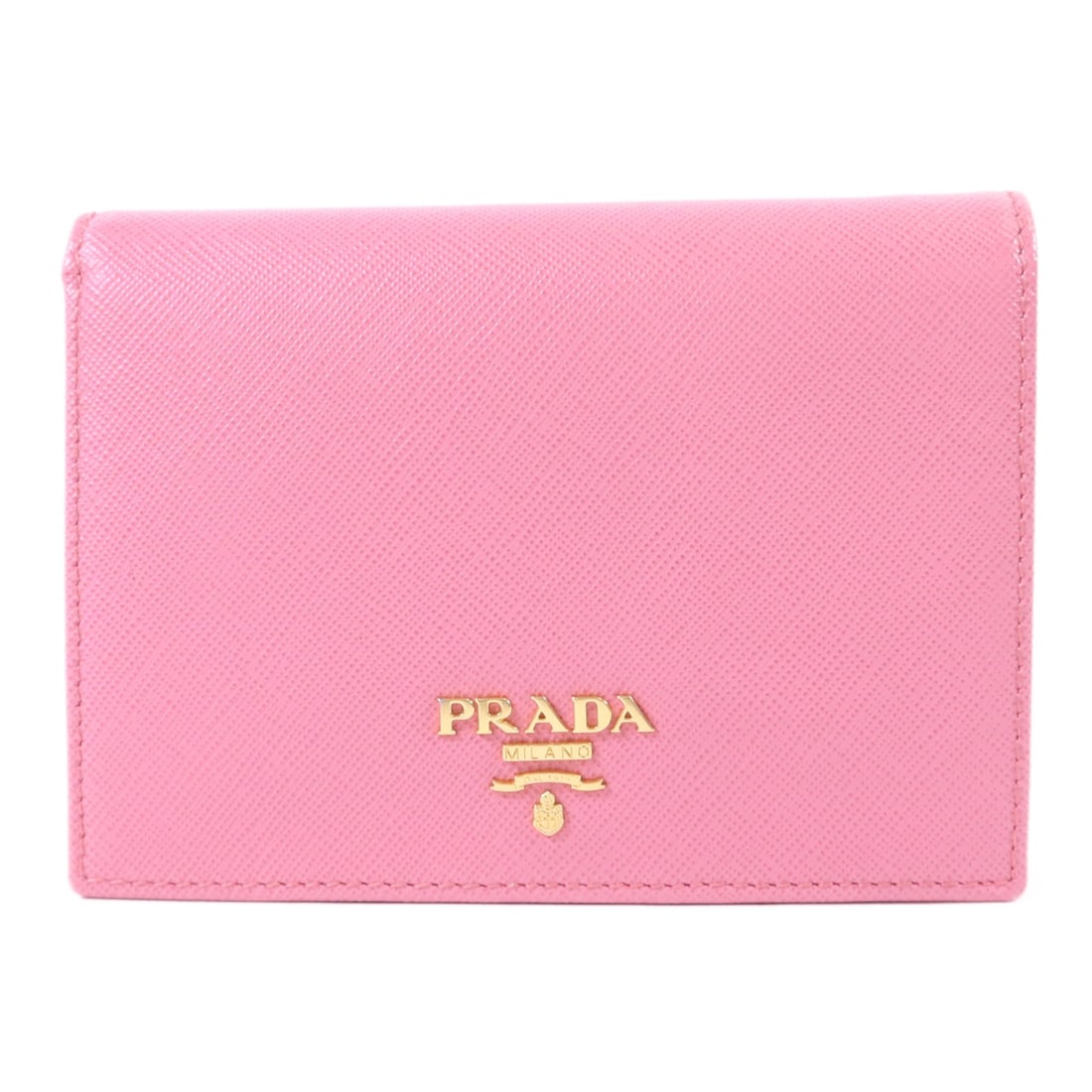 Pink Calfskin Bi-Fold Wallet by Prada with Gold Tone Hardware: Pink Calfskin Bi-Fold Wallet by Prada with Gold Tone Hardware This Prada bi-fold wallet features luxurious calfskin leather in a pink hue. The wallet is designed with a regular size type and showcases