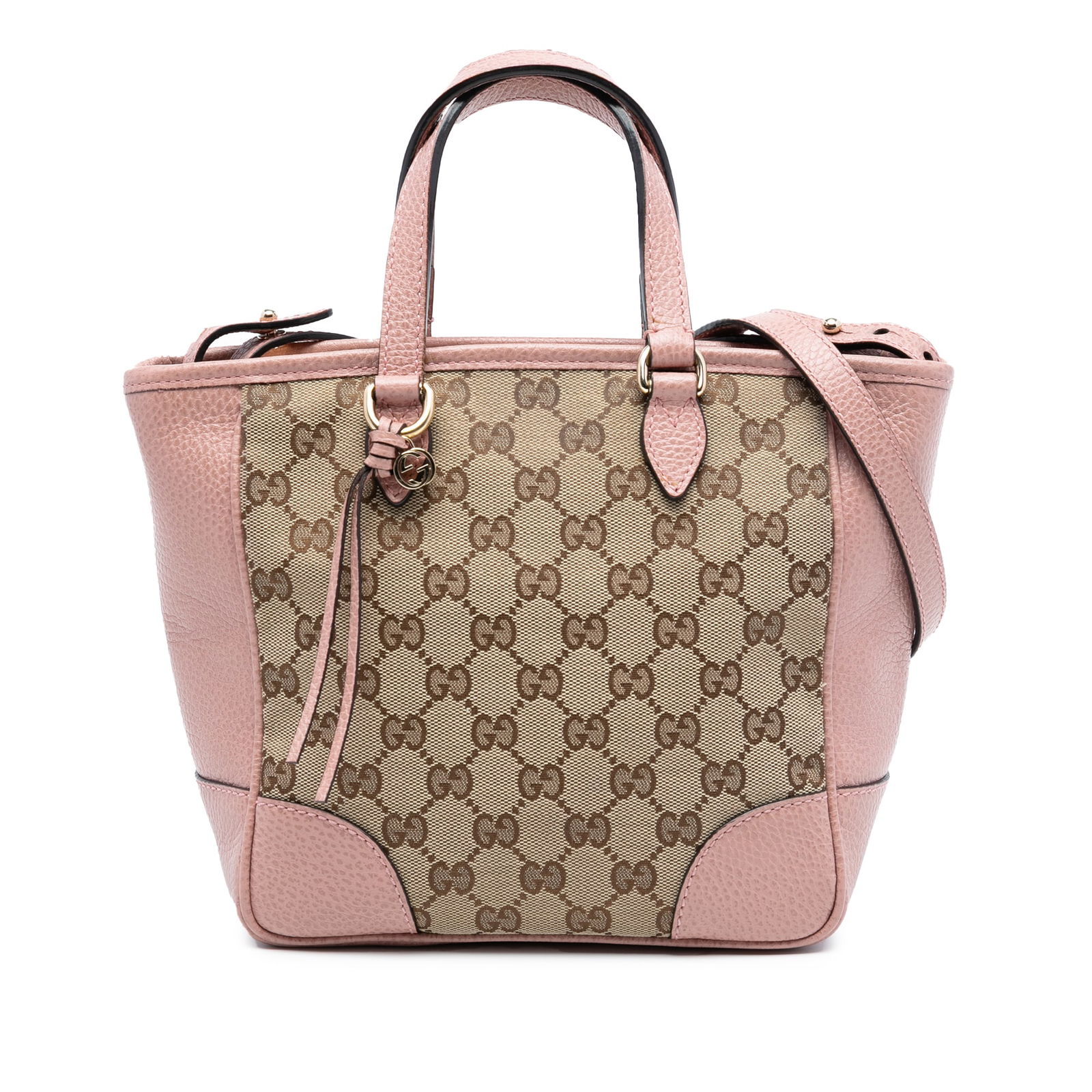 Small Bree Satchel in GG Canvas with Leather Trim by Gucci: Small Bree Satchel in GG Canvas with Leather Trim by Gucci This Gucci Small GG Canvas Bree Satchel features a brown canvas body with leather trim, flat leather top handles, a detachable flat leather s