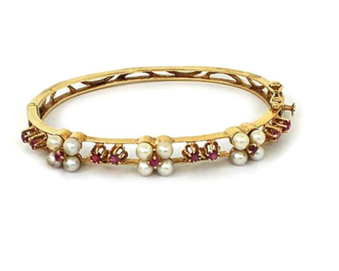 Vintage 14k Yellow Gold Bangle Bracelet with Rubies and Pearls (1 of 4)