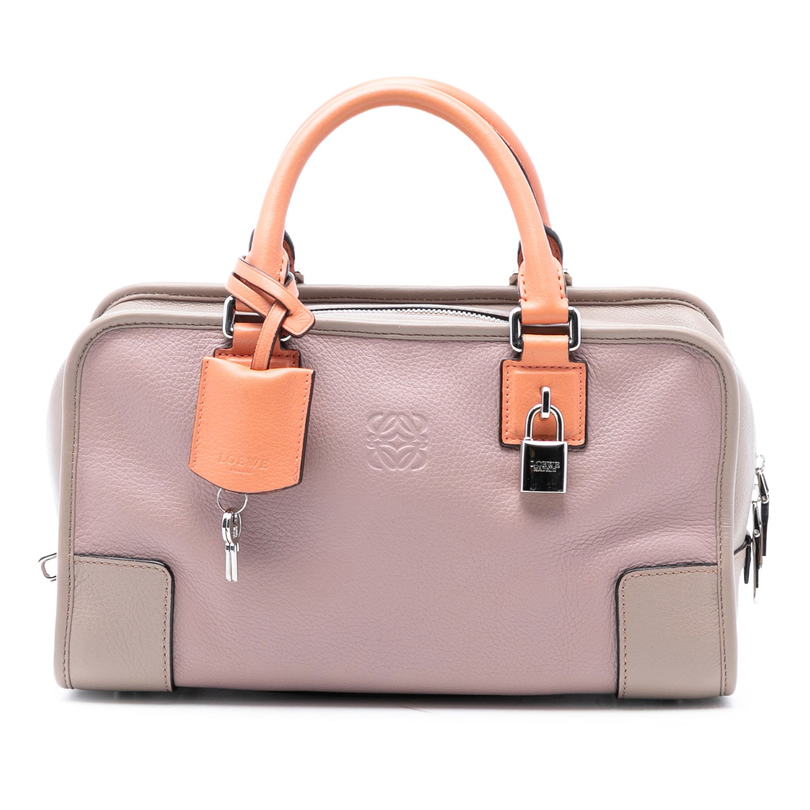 Loewe Amazona 28 Bag in Multicolor Leather with Top Zip Closure: Loewe Amazona 28 Bag in Multicolor Leather with Top Zip Closure The Amazona 28 by LOEWE is a leather handbag crafted in a striking tricolor design. It features rolled leather handles and a top zip clo