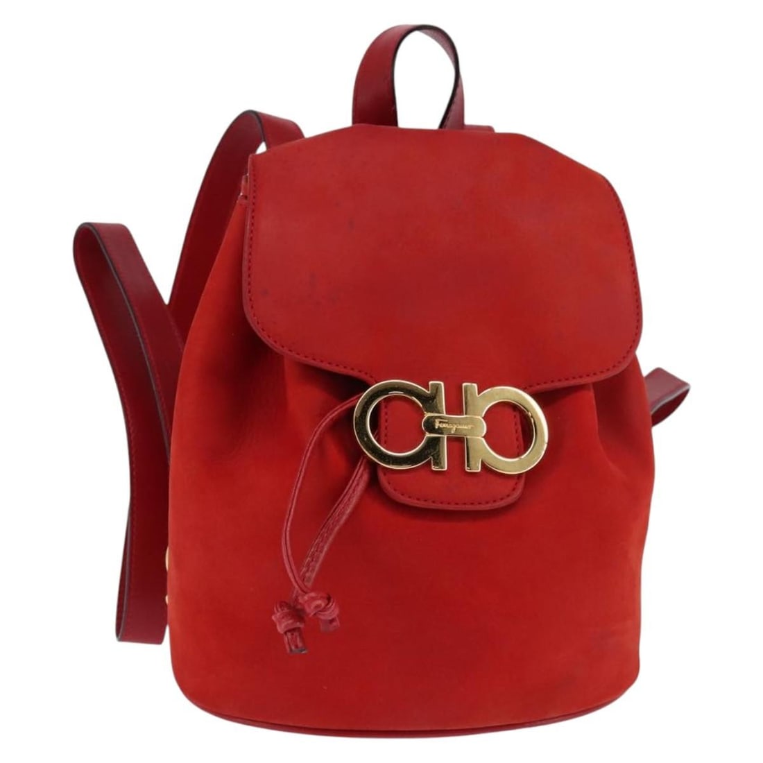 Red Leather Salvatore Ferragamo Gancini Drawstring Backpack: Red Leather Salvatore Ferragamo Gancini Drawstring Backpack This Salvatore Ferragamo Gancini Flap Drawstring Backpack is crafted from red leather and designed for women. It features a flap with the si