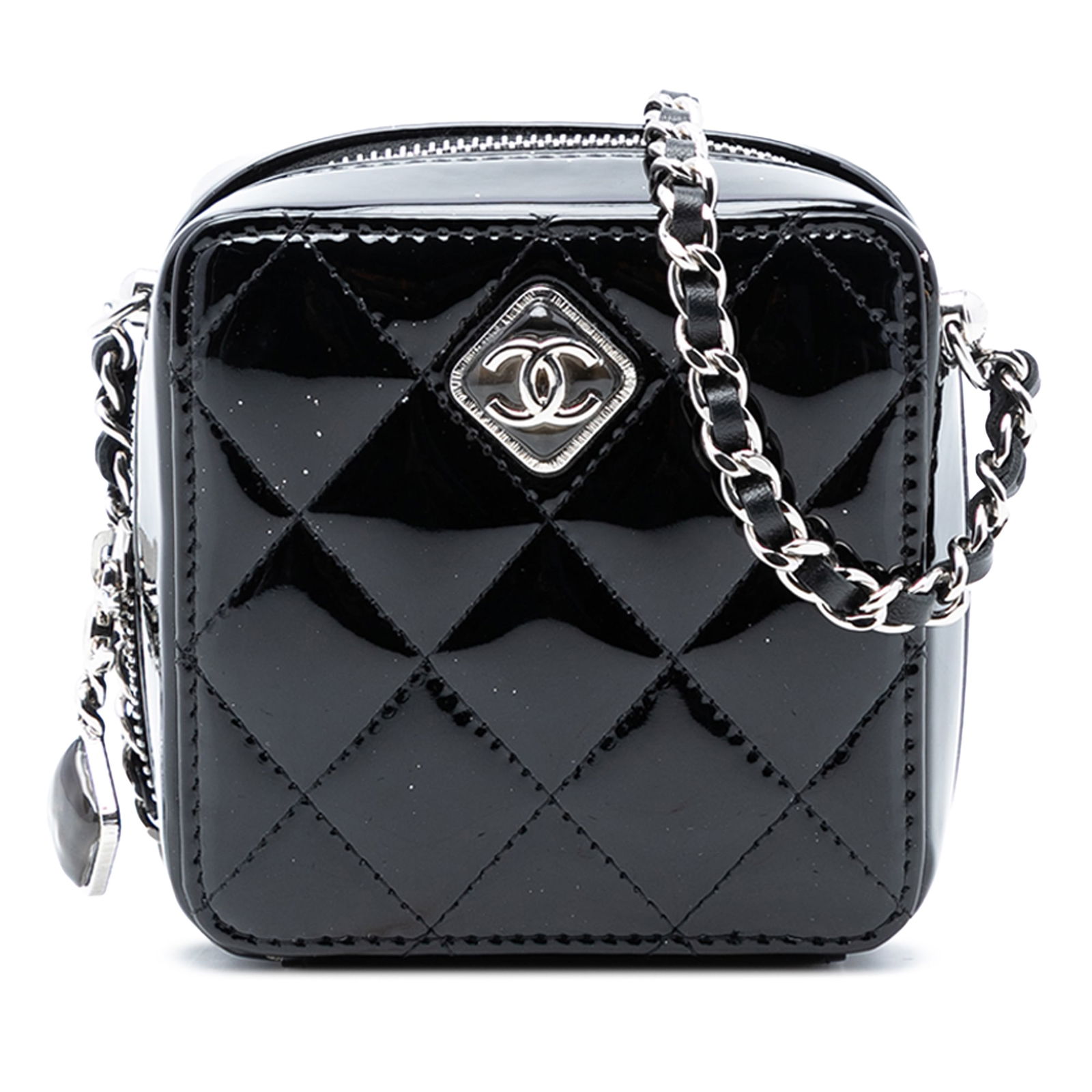 Chanel Black Quilted Patent Leather CC Resin Chain Crossbody Clutch: Chanel Black Quilted Patent Leather CC Resin Chain Crossbody Clutch This Chanel CC Quilted Patent Diamond Resin Clutch With Chain features a quilted patent leather body, a leather-woven chain strap, a