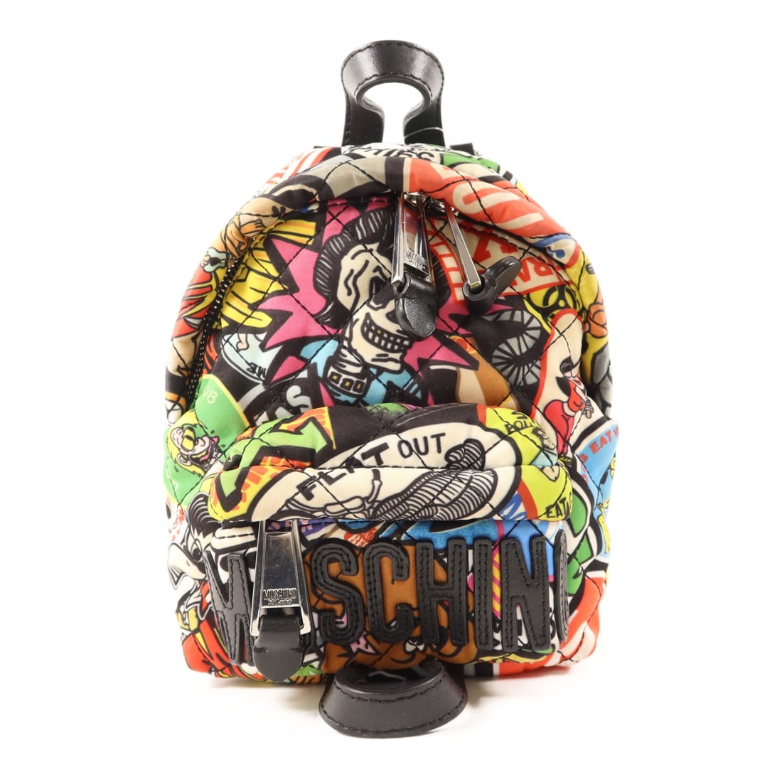 Multicolor Nylon Moschino Backpack with Silver Tone Hardware: Multicolor Nylon Moschino Backpack with Silver Tone Hardware This Moschino rucksack backpack features a multicolor nylon exterior, offering a stylish and vibrant look. Designed with a regular size typ