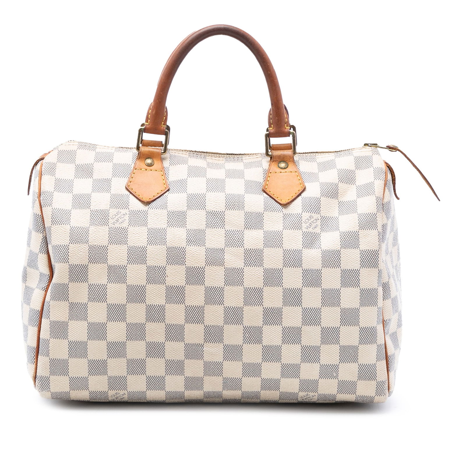 Louis Vuitton Speedy 30 Damier Azur Canvas Handbag with Vachetta Handles: Louis Vuitton Speedy 30 Damier Azur Canvas Handbag with Vachetta Handles The Louis Vuitton Damier Azur Speedy 30 features a durable damier azur canvas body with rolled vachetta leather handles, a top