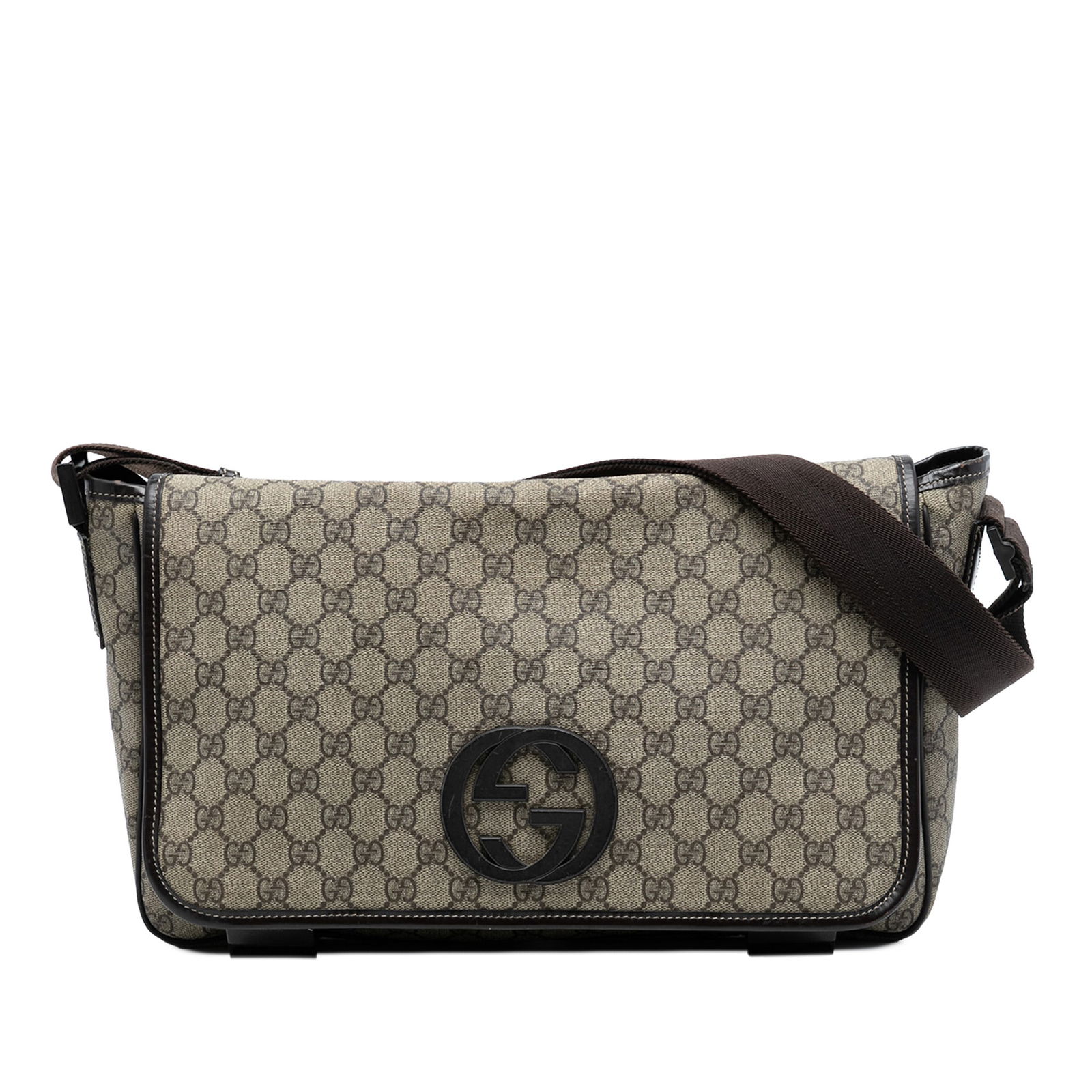 GG Supreme Interlocking G Brown Coated Canvas Crossbody Shoulder Bag: GG Supreme Interlocking G Brown Coated Canvas Crossbody Shoulder Bag This Gucci GG Supreme Interlocking G Crossbody bag features a durable coated canvas body with leather trim, an adjustable flat stra