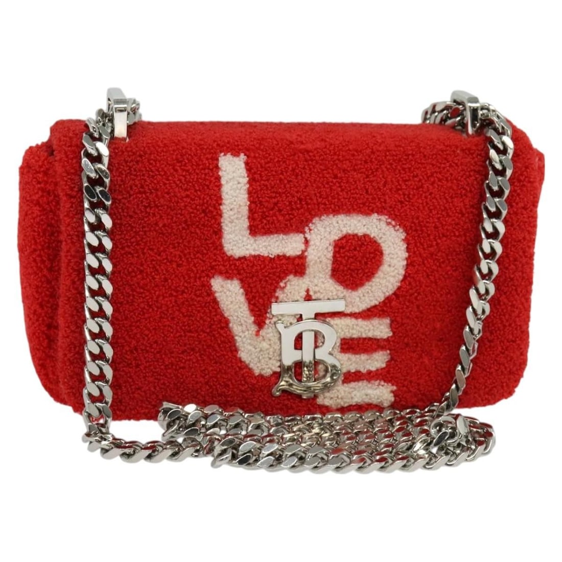 Red Cotton Burberry Lola Shoulder Bag with Chain Strap: Red Cotton Burberry Lola Shoulder Bag with Chain Strap This Burberry Lola Shoulder Bag features a red cotton exterior with a chain shoulder strap, designed for women. The bag is pre-owned and in good